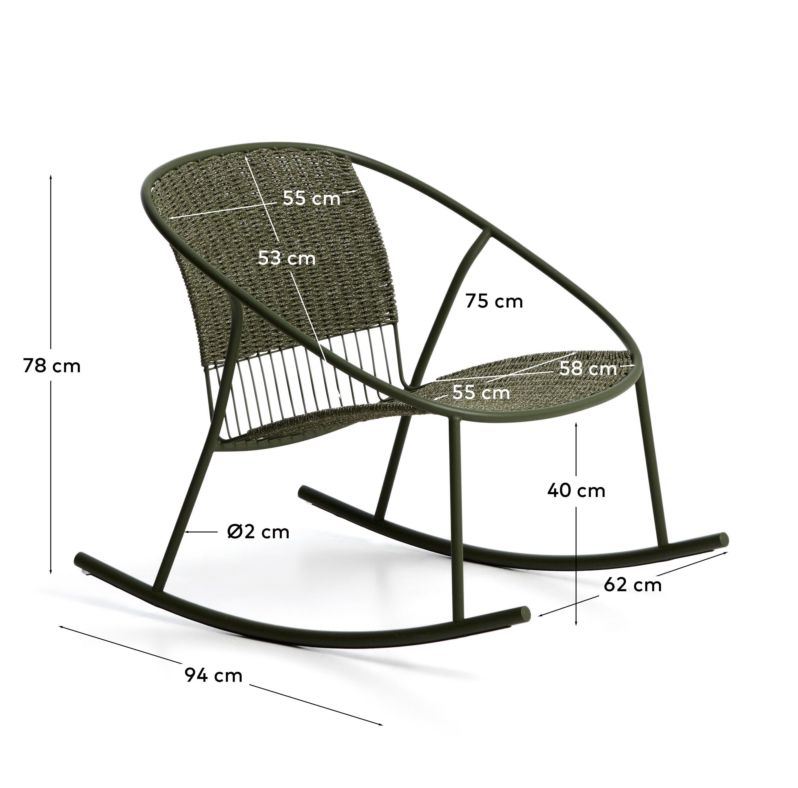 Schaukelstuhl Atrani aus verzinktem Stahl und grünem Seil in Dunkelgrün präsentiert im Onlineshop von KAQTU Design AG. Outdoor-Sessel ist von Kave Home