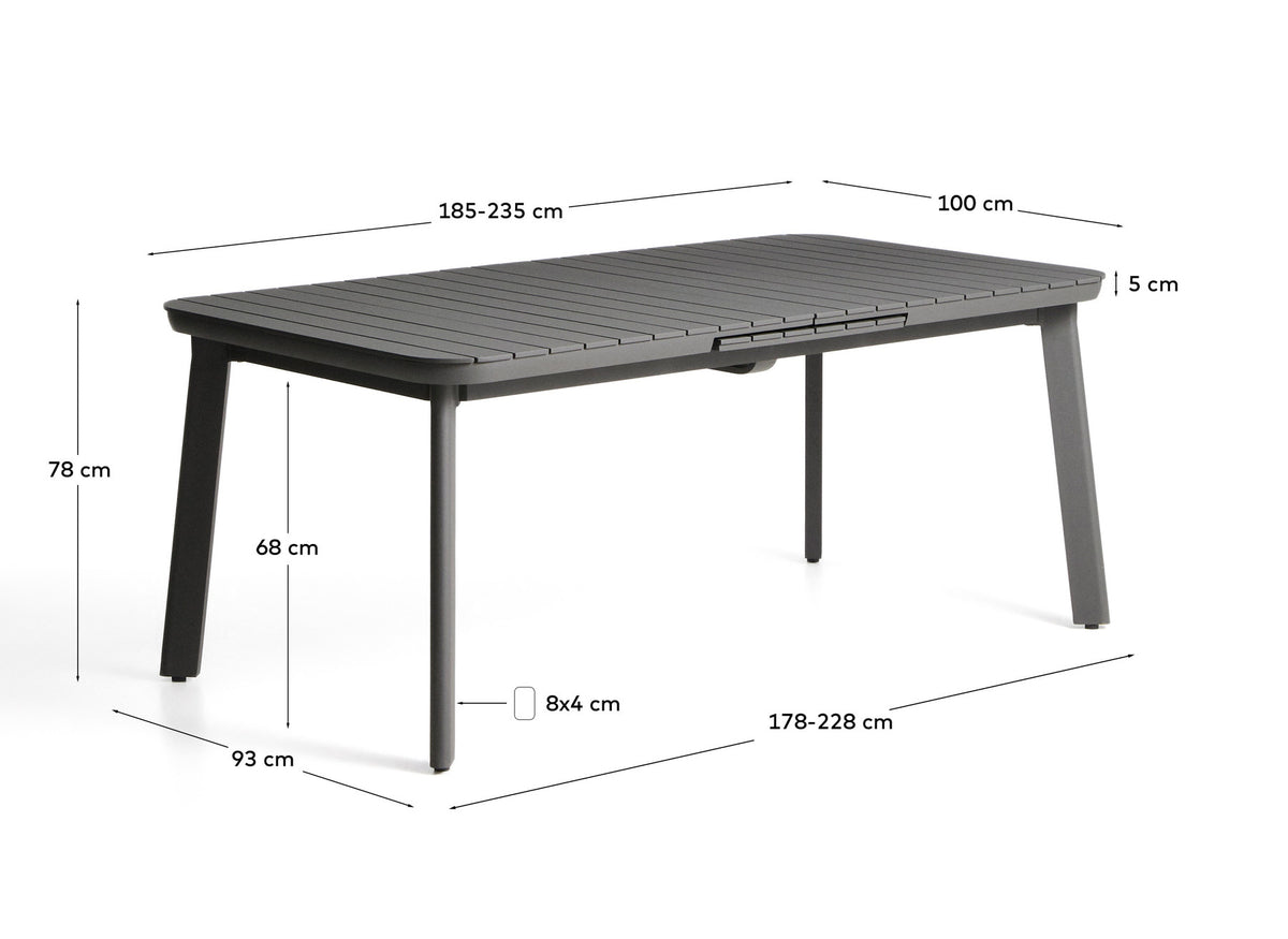 Ausziehbarer Outdoor-Tisch Izola aus Aluminium mit graphitfarbenem Finish 185 (235) x 100 cm in Graphit, Dunkelgrau, Schwarz präsentiert im Onlineshop von KAQTU Design AG. Gartentisch ist von Kave Home