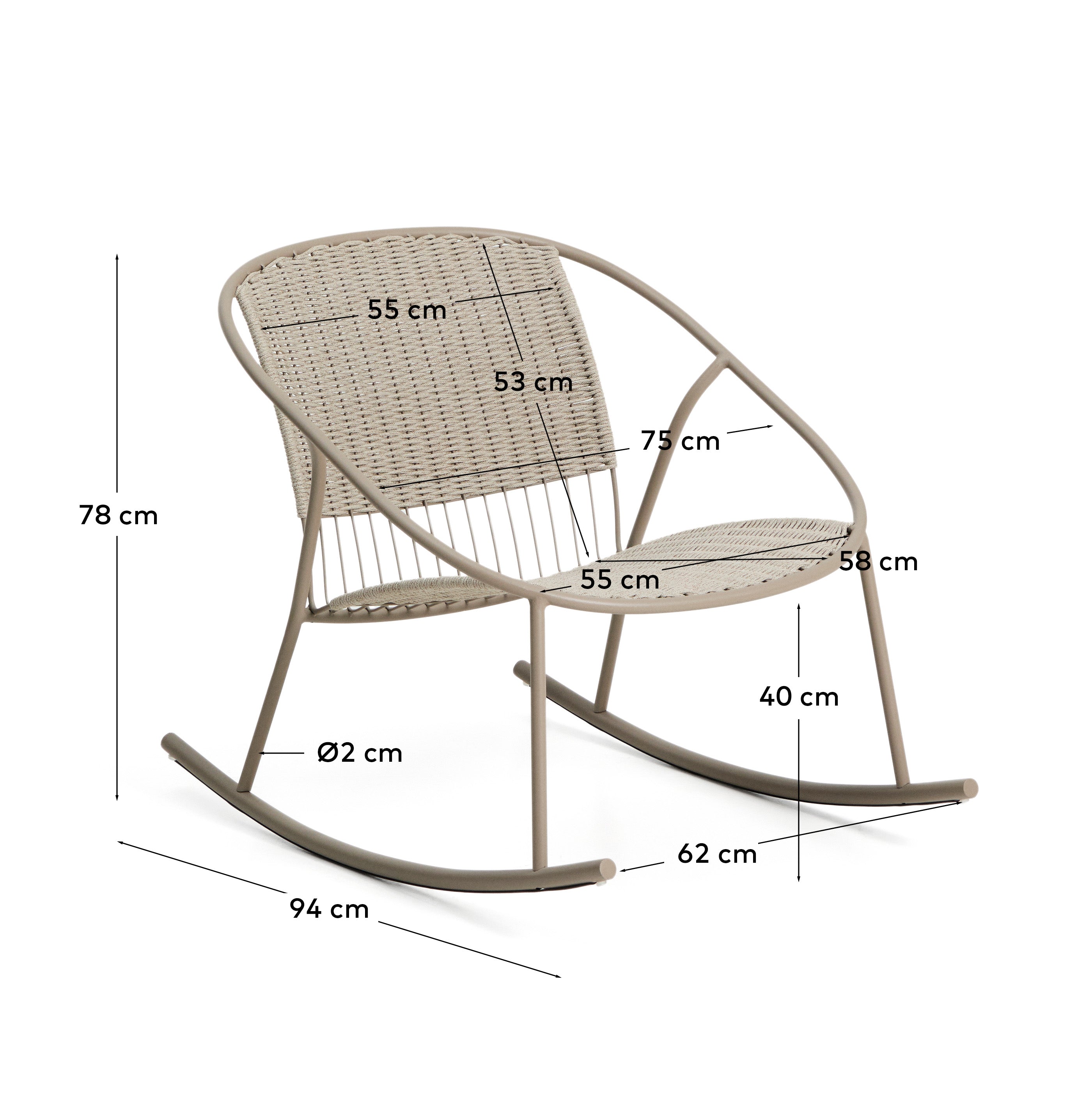 Stylischer Schaukelstuhl Atrani aus langlebigem verzinktem Stahl und taupefarbenem Seil, perfekt für gemütliche Momente im Freien.