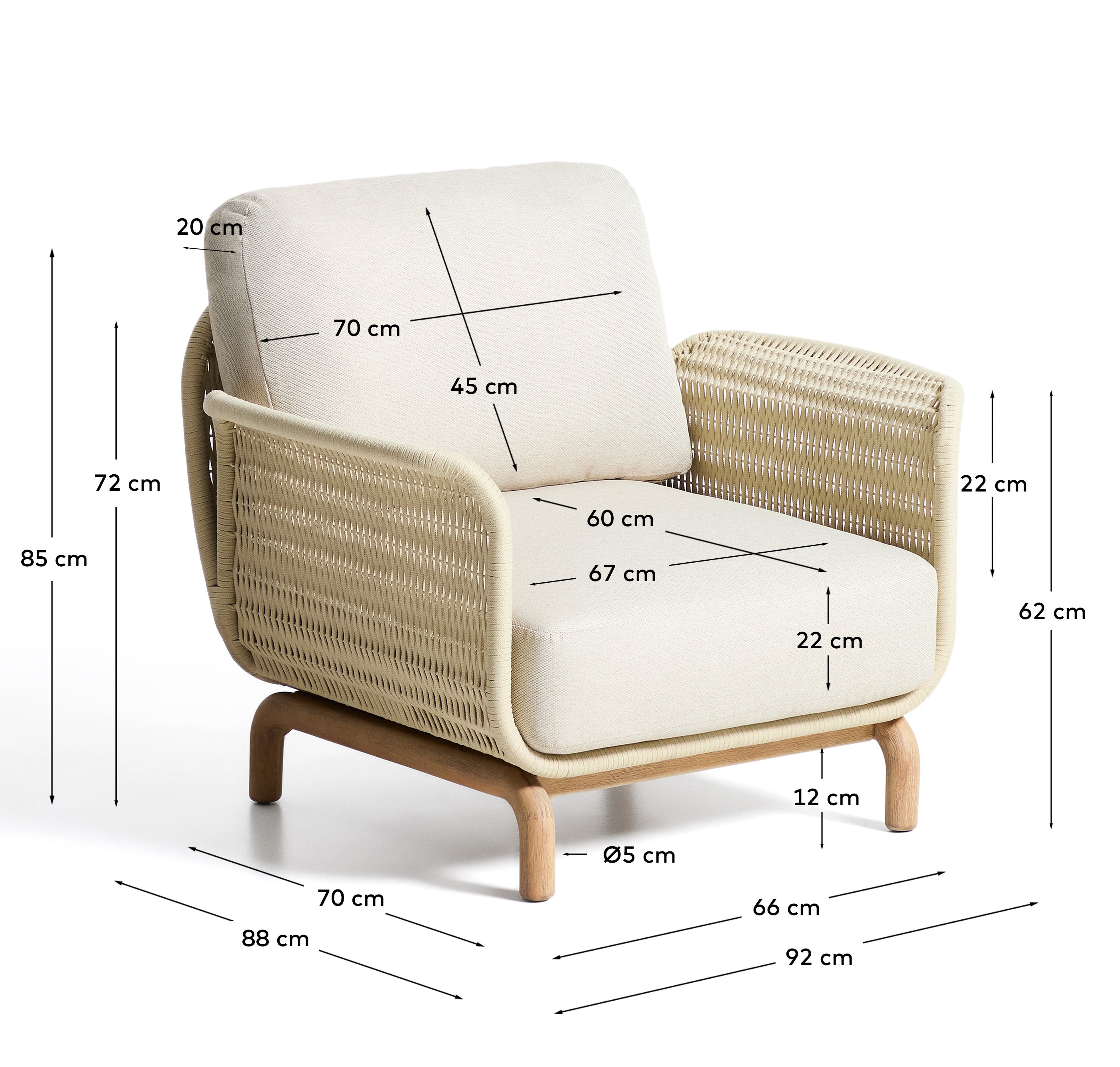 Stylischer Sessel Alipa aus solidem Akazienholz und ecrufarbenem Seil, perfekt für gemütliche Momente im Freien.