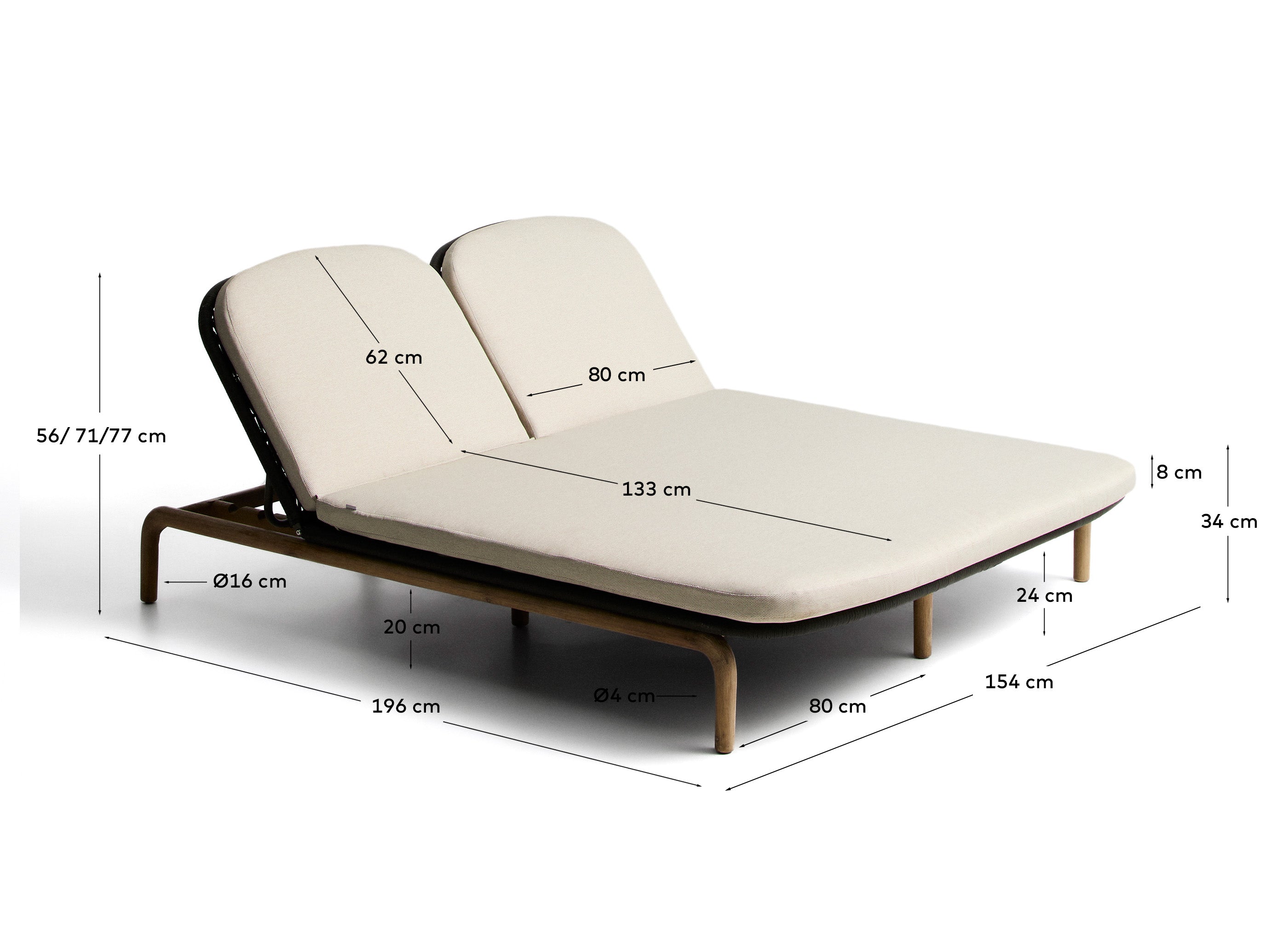 Moderne 2er-Sonnenliege Alipa aus hochwertigem Akazienholz und edlem dunkelgrauem Seil, perfekt für Garten und Terrasse.