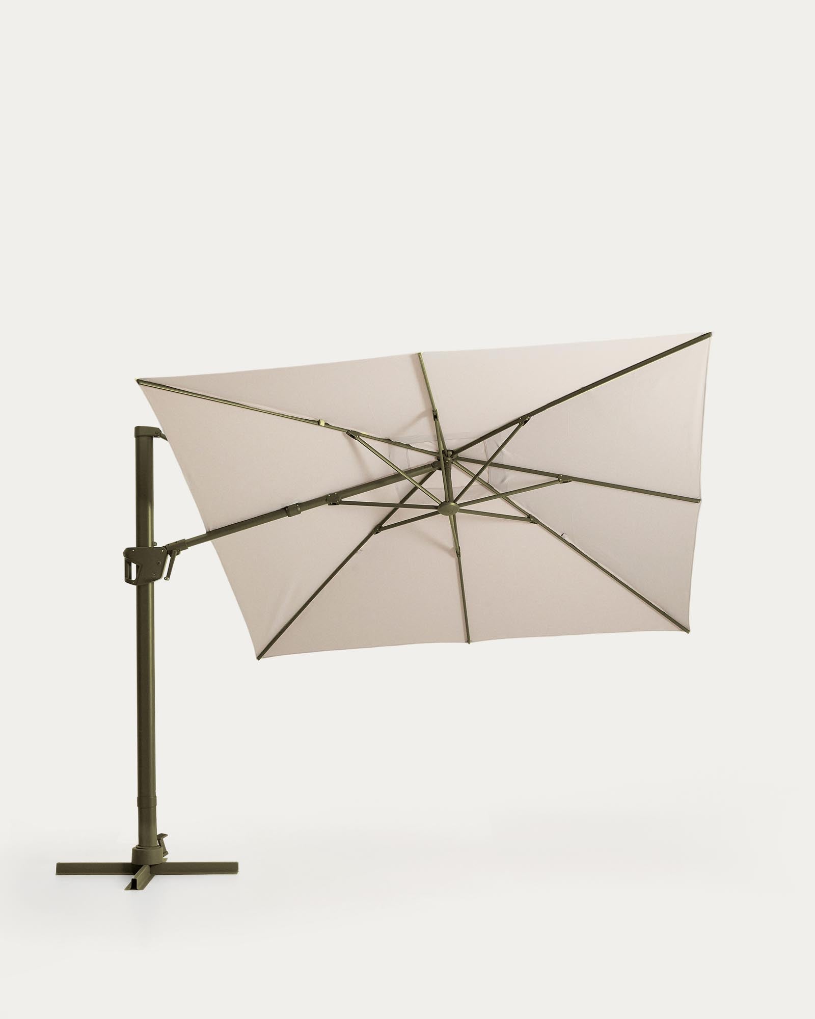 Eleganter Sonnenschirm Noli in Beige mit grünem Aluminiumgestell, 300 x 300 cm, perfekt für stilvolle Outdoor-Bereiche und Schattenoasen.