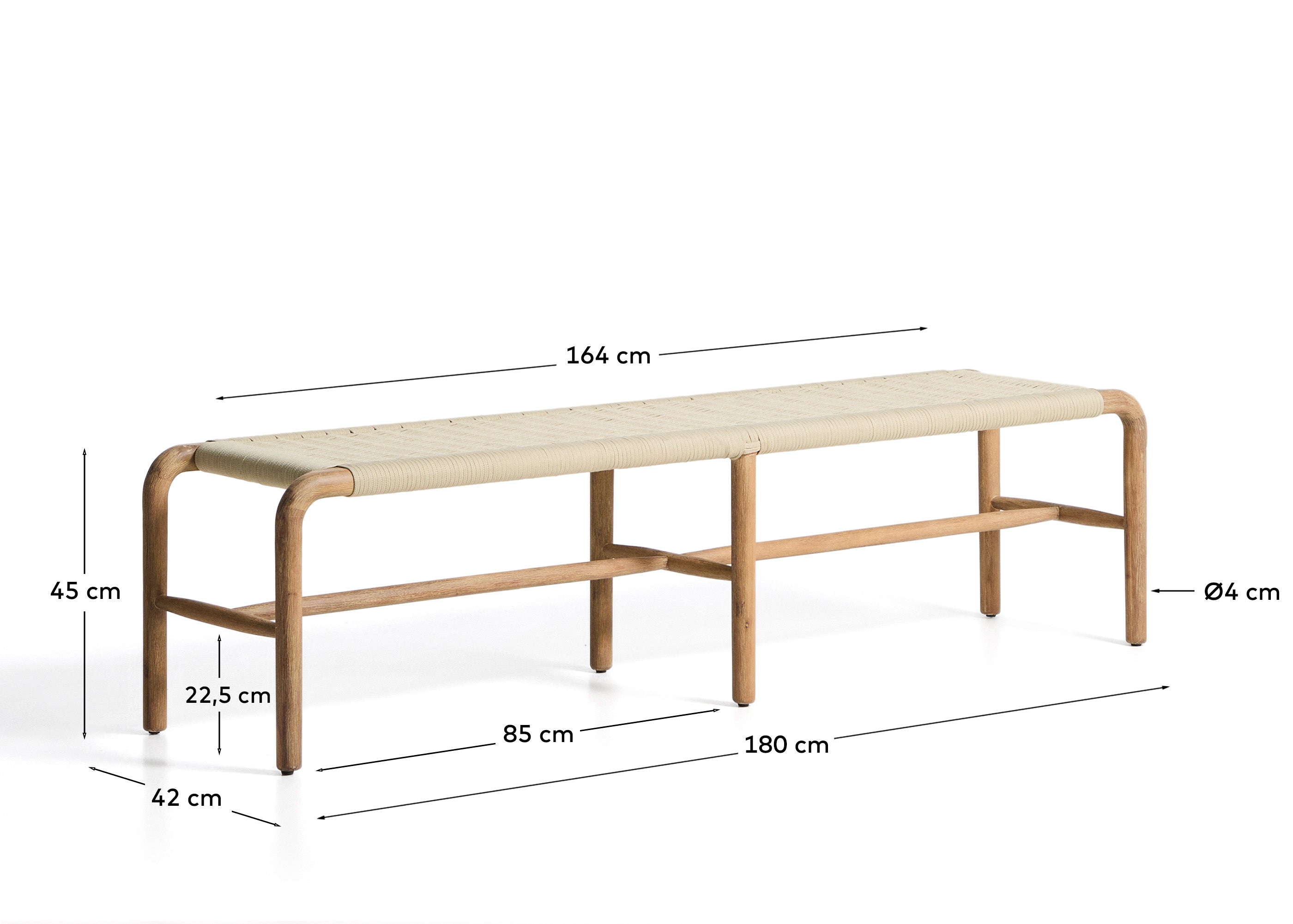 Stilvolle Gartenbank Alipa aus massivem Akazienholz mit ecrufarbenem Seil, 200 cm, perfekt für gemütliche Momente im Garten.
