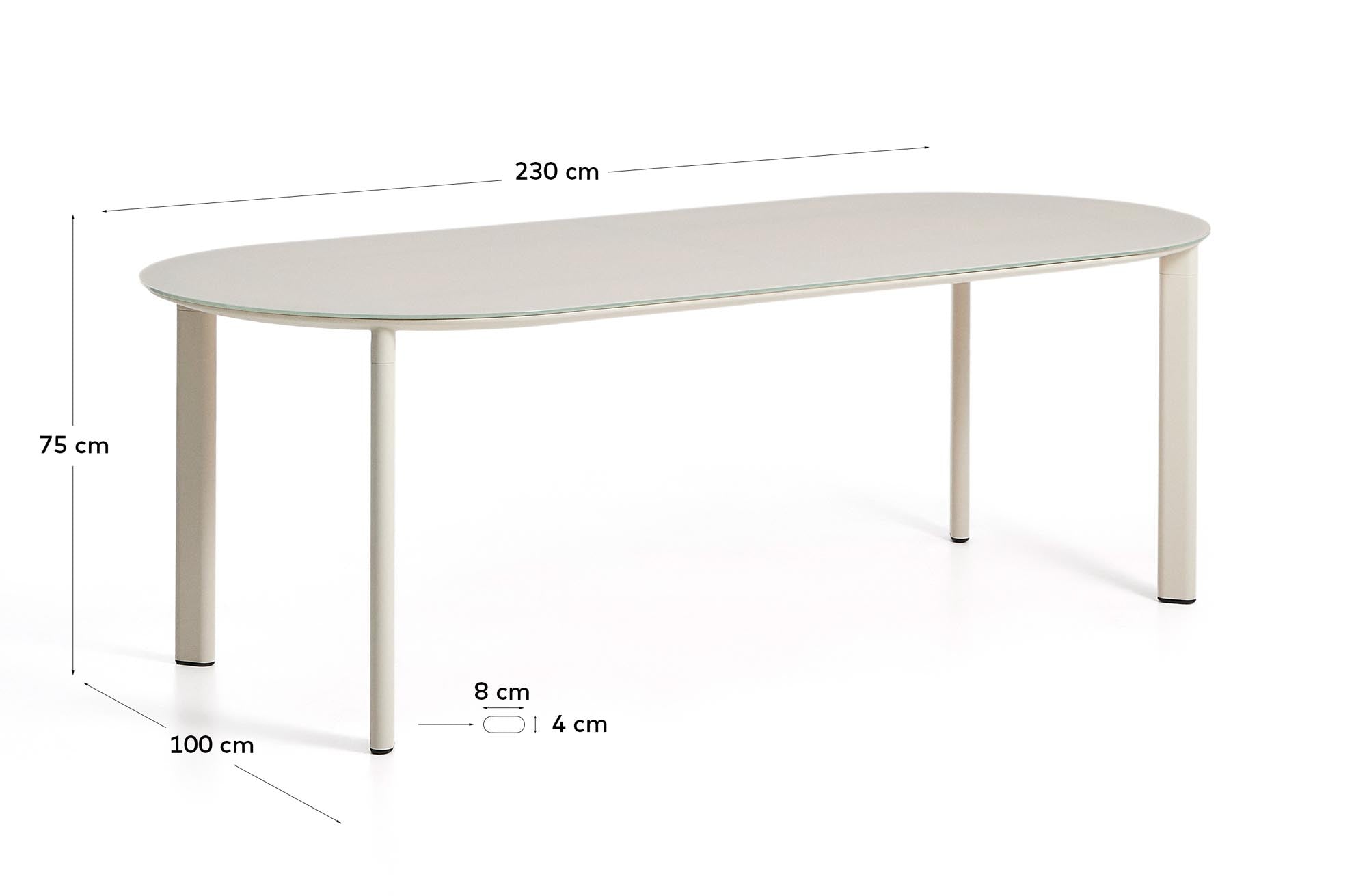 Eleganter ovaler Tisch Erice in Ecru, gefertigt aus robustem Aluminium und gehärtetem Glas, ideal für gemütliche Gartenabende.
