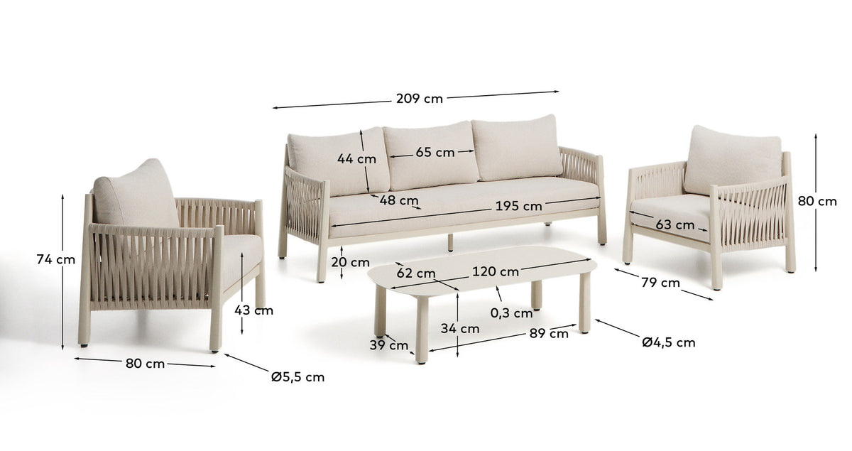 Set Aleria mit 3-Sitzer-Sofa, 2 Sesseln und Couchtisch aus Aluminium und synthetischem Seil in Ecru in Ecru, Beige, Weiss präsentiert im Onlineshop von KAQTU Design AG. Loungeset ist von Kave Home
