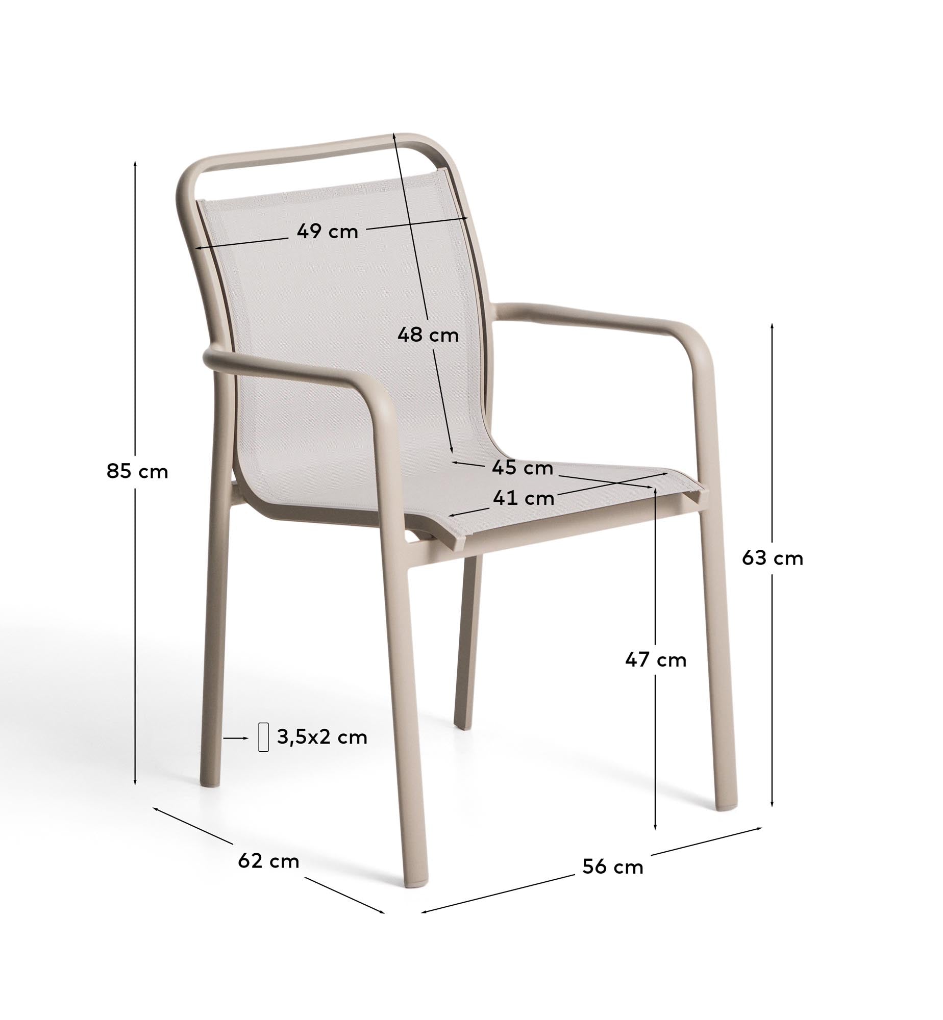 Eleganter stapelbarer Gartenstuhl Luri aus robustem Aluminium in Taupe, kombiniert mit beigem Texteline für stilvolle Entspannung im Freien.