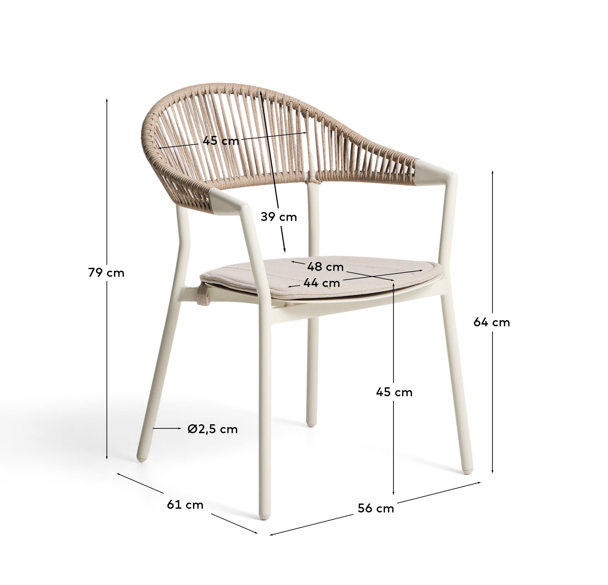 Stapelbarer Outdoor-Stuhl Alimia in Ecru, gefertigt aus leichtem Aluminium und beigem Synthetikseil, perfekt für Garten und Terrasse.