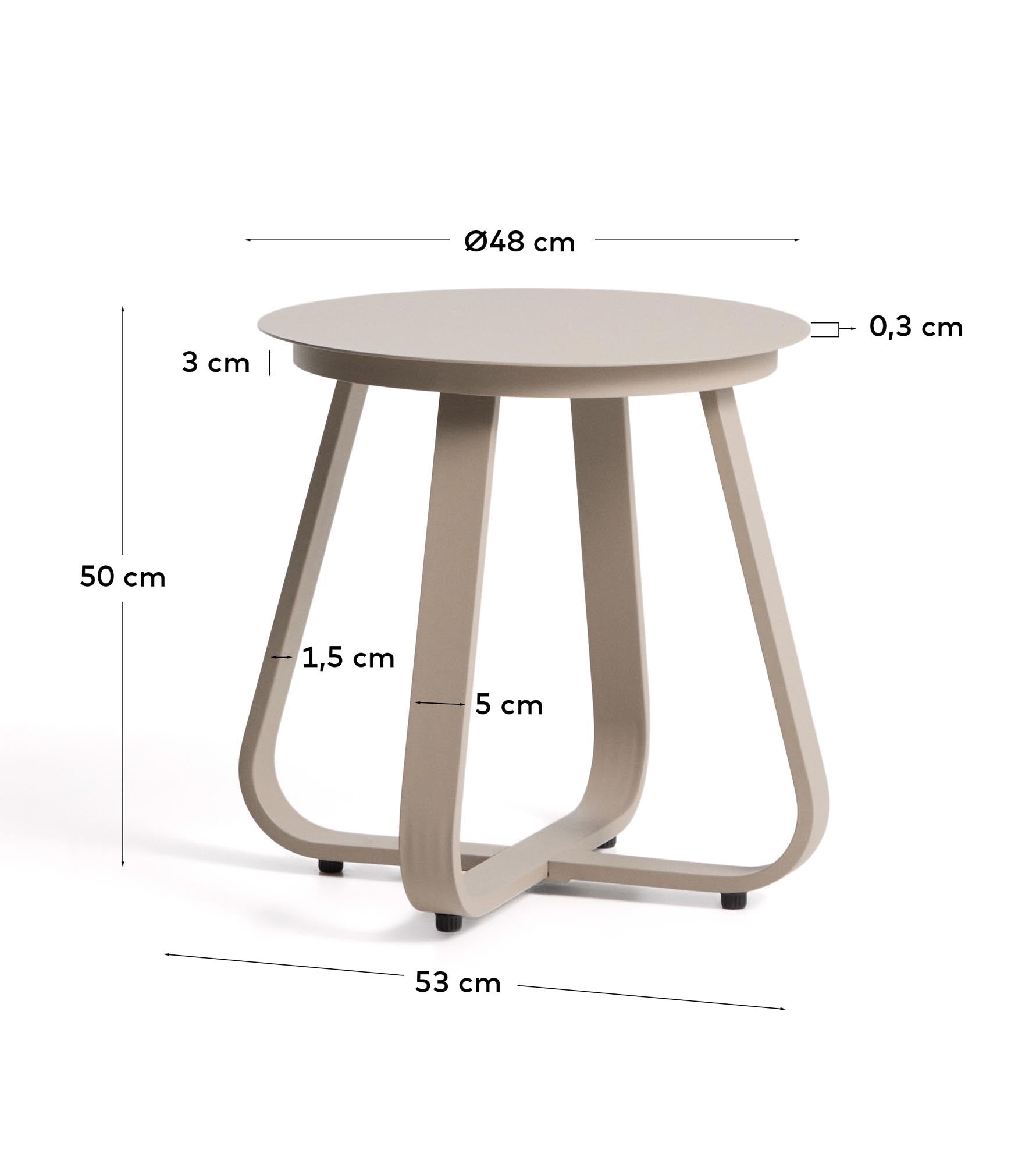 Moderner Beistelltisch Tamaris aus leichtem Aluminium in stilvollem Taupe, Ø 48 cm, perfekt für entspannte Stunden im Freien.