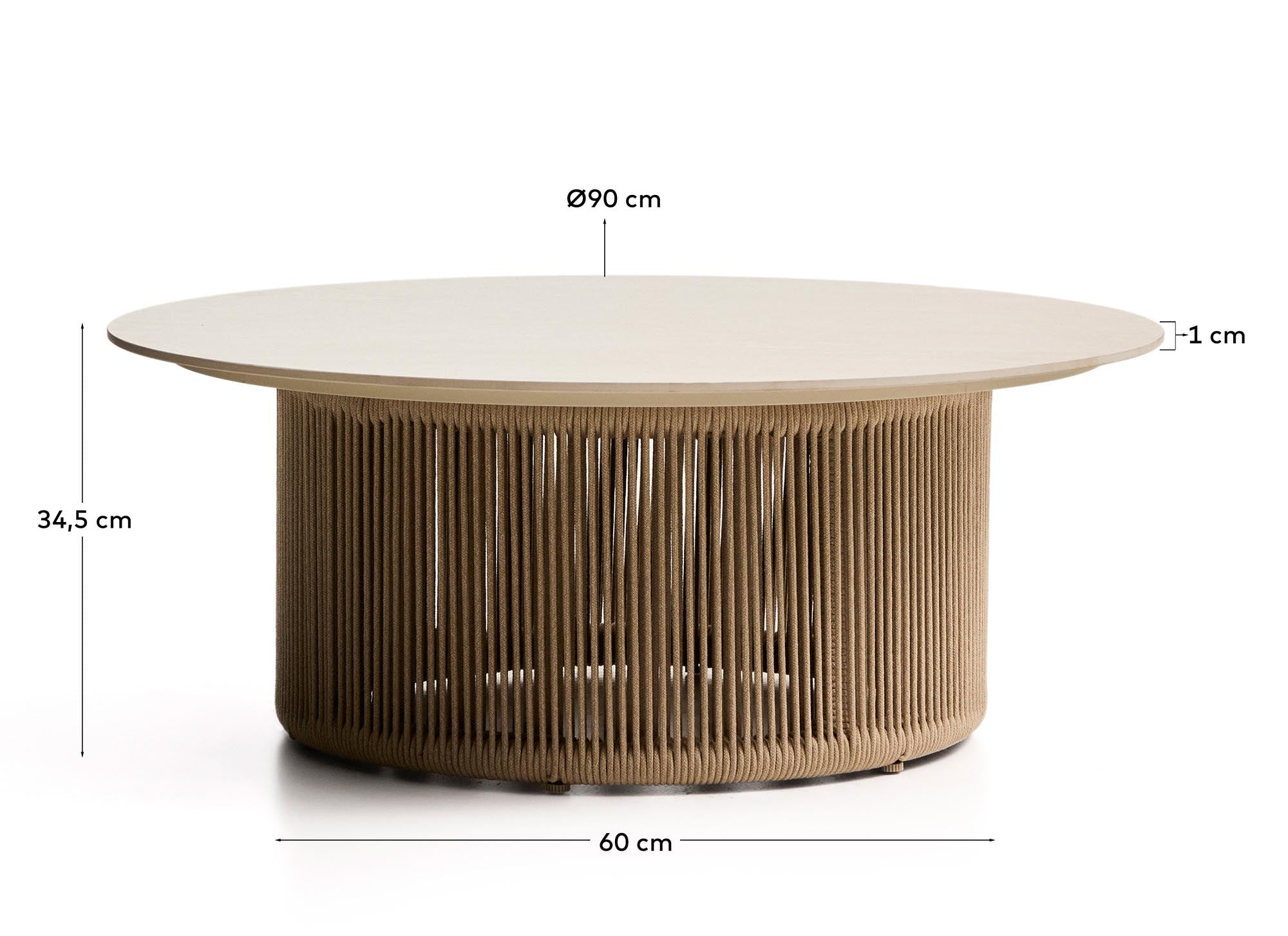 Moderner Loungetisch Orosei mit 90 cm Durchmesser, aus robustem Sinterstein und Aluminium, verziert mit beigem Seil für einen eleganten Look.
