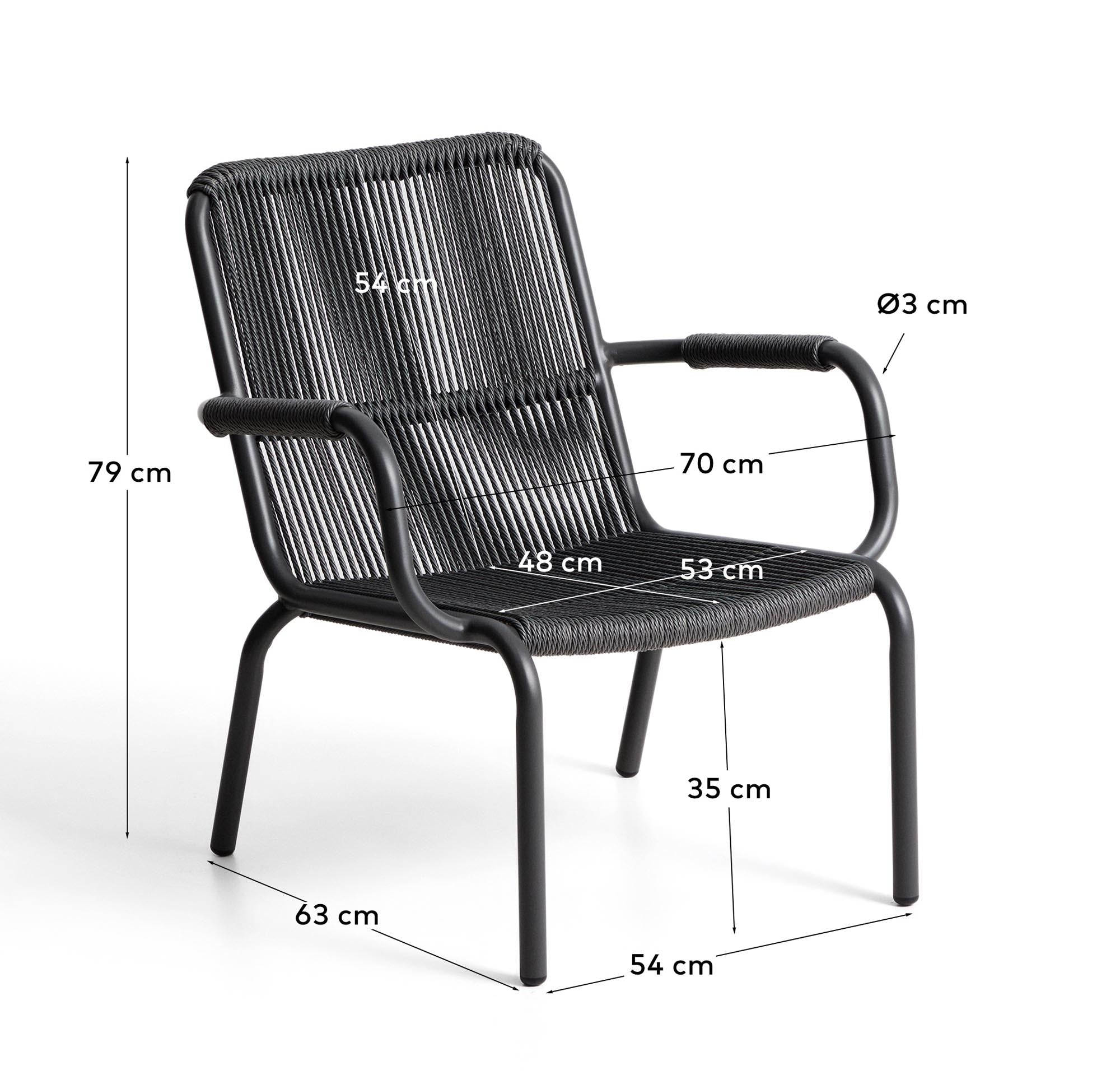 Eleganter stapelbarer Sessel Salis aus robustem graphitgrauem Aluminium und stilvollem dunkelgrauem Synthetikseil, ideal für den Außenbereich.