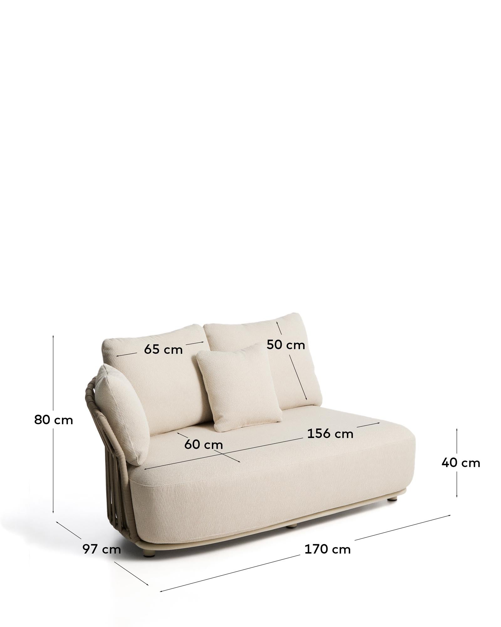 Stilvolles Ecrufarbenes 2-Sitzer-Sofa Osani mit taupefarbenem Seil, perfekt für moderne Lounges und gemütliche Ecken.