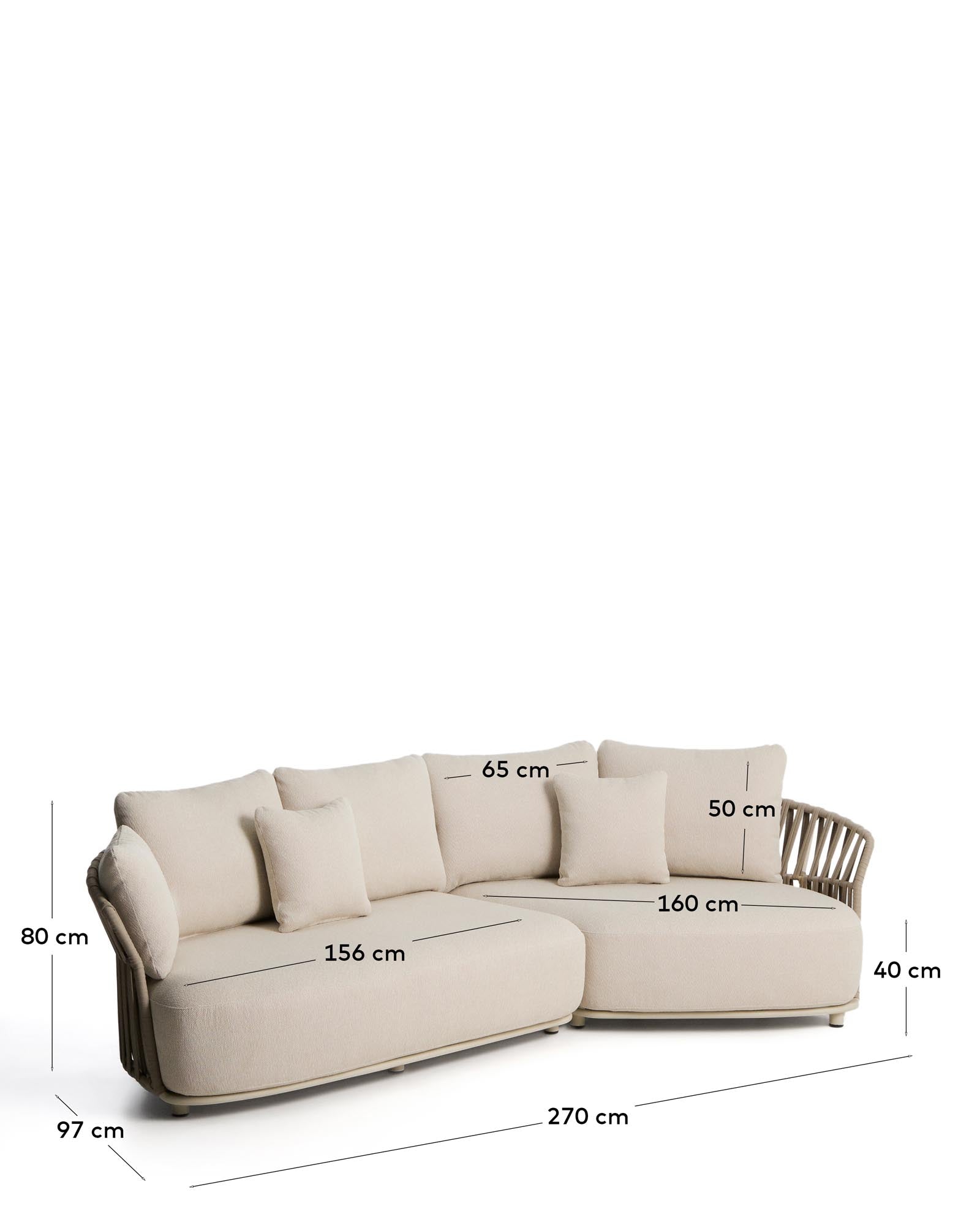 Elegantes 2-Sitzer-Sofa Osani in Ecrufarbe, mit geschwungenem Aluminiumrahmen und taupefarbenem Seil, ideal für stilvolle Lounges.