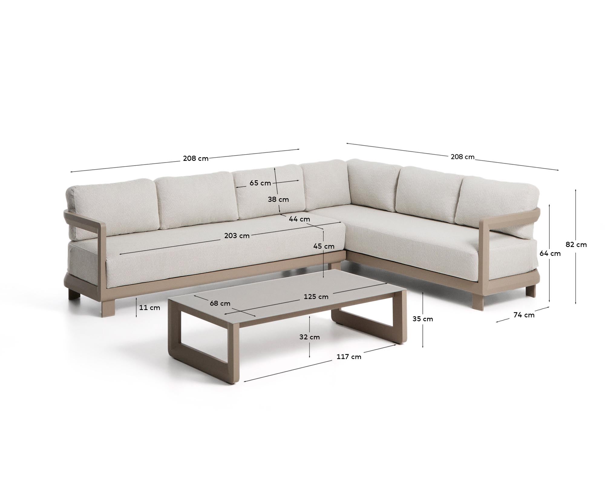 Elegantes Loungeset Nerano mit geräumigem 5-Sitzer-Ecksofa in Taupe und einem robusten Couchtisch aus gehärtetem Glas und Aluminium.