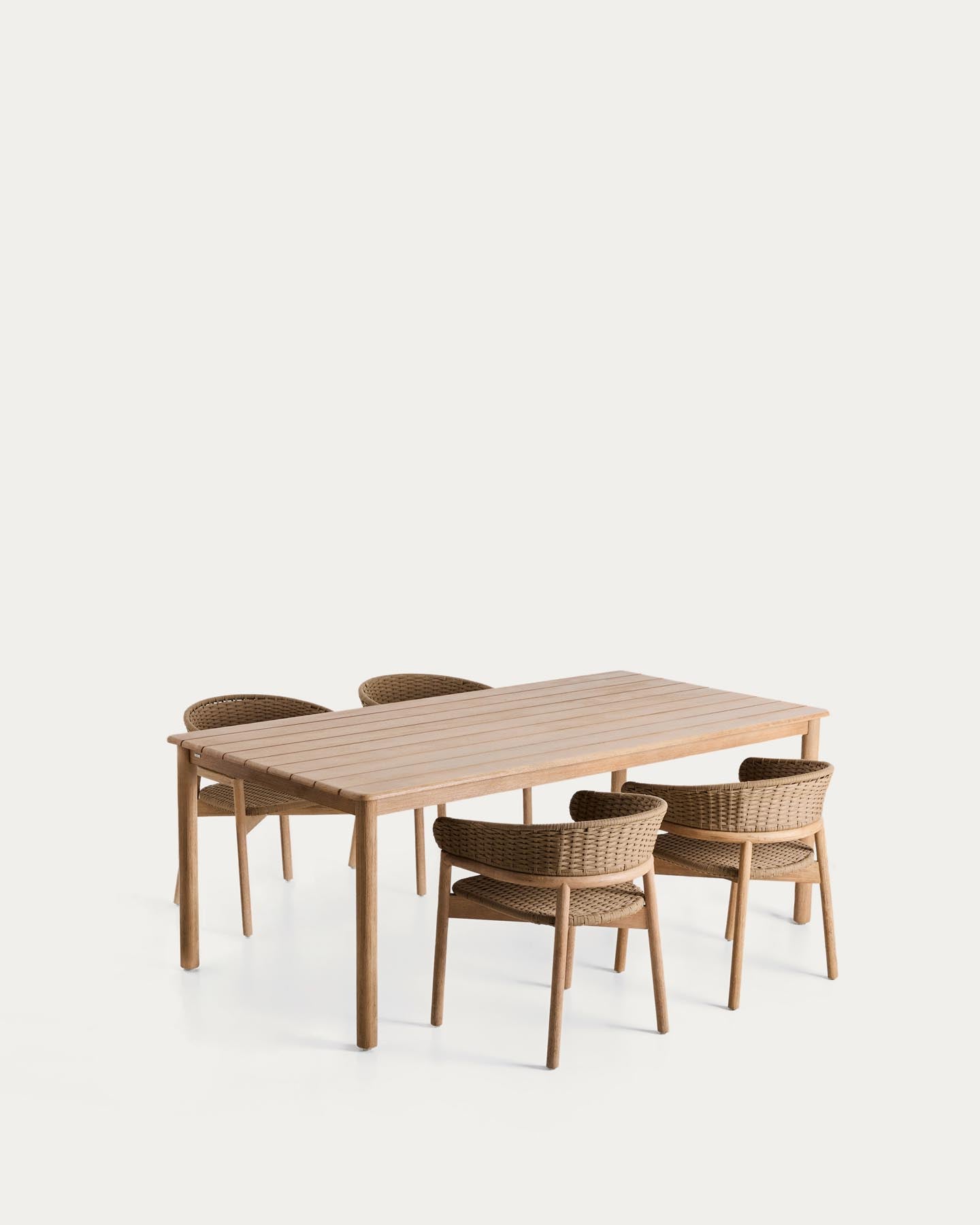 Set mit Tisch Sori aus massivem Akazienholz und 4 Stühlen Arinella aus massivem Akazienholz und beigem Seil, 200 x 100 cm FSC 100 % in Braun präsentiert im Onlineshop von KAQTU Design AG. Loungeset ist von Kave Home