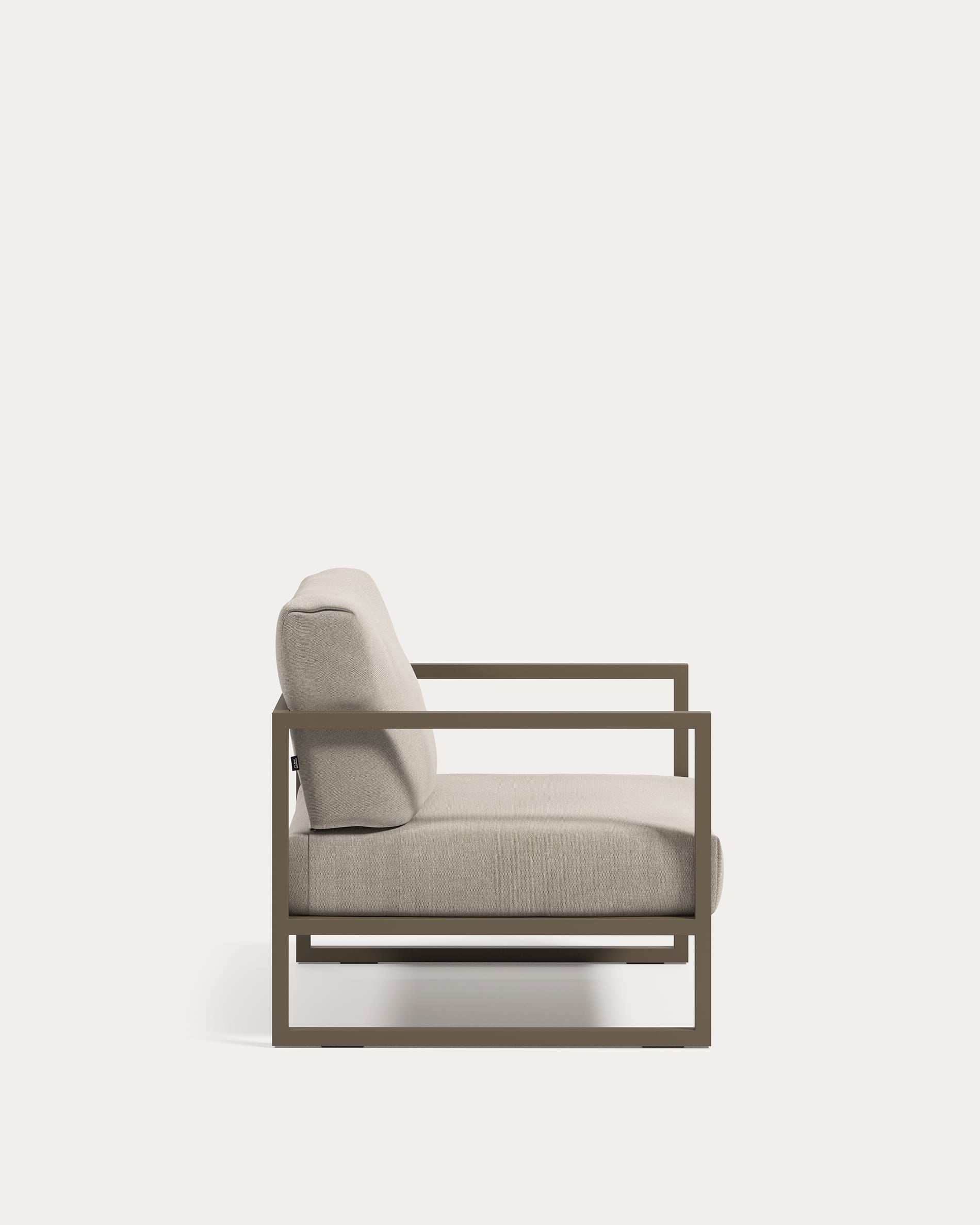 Moderner Comova Outdoor-Sessel mit hellgrauem Stoff und grünem Aluminiumrahmen, ideal für stilvolle Außenbereiche.