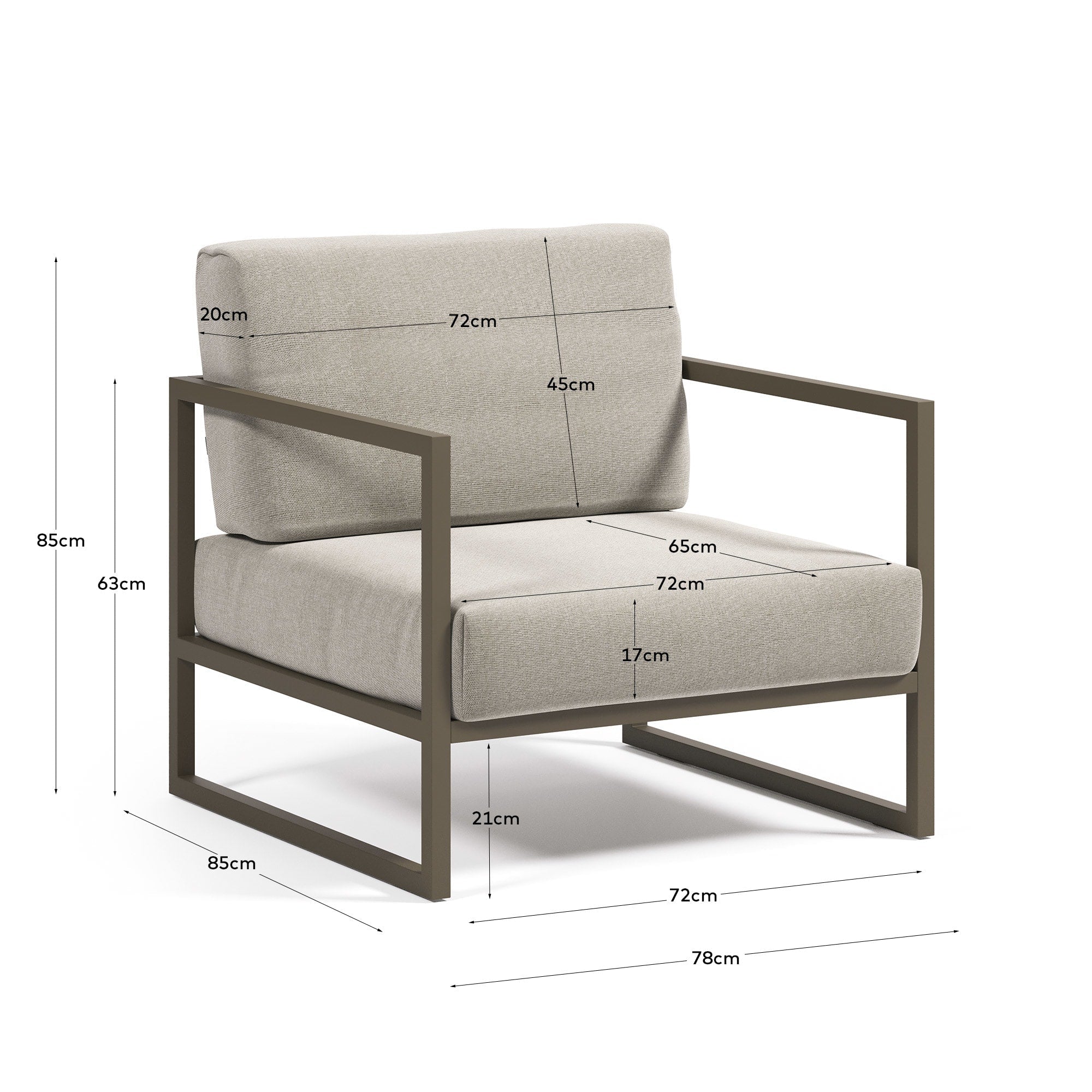 Eleganter Comova Sessel für draußen, hellgrauer Stoff, grüner Aluminiumrahmen, perfekt für moderne Außenbereiche.
