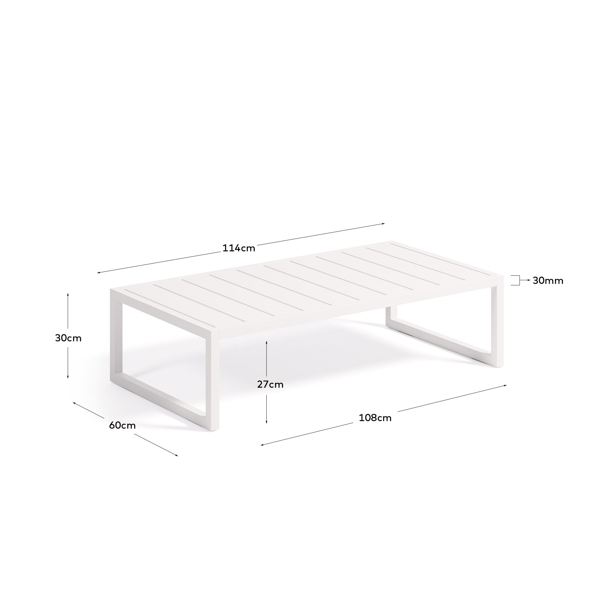 Eleganter Outdoor-Couchtisch aus weißem Aluminium, 60x114 cm, wetterfest und stilvoll für Terrasse oder Garten.