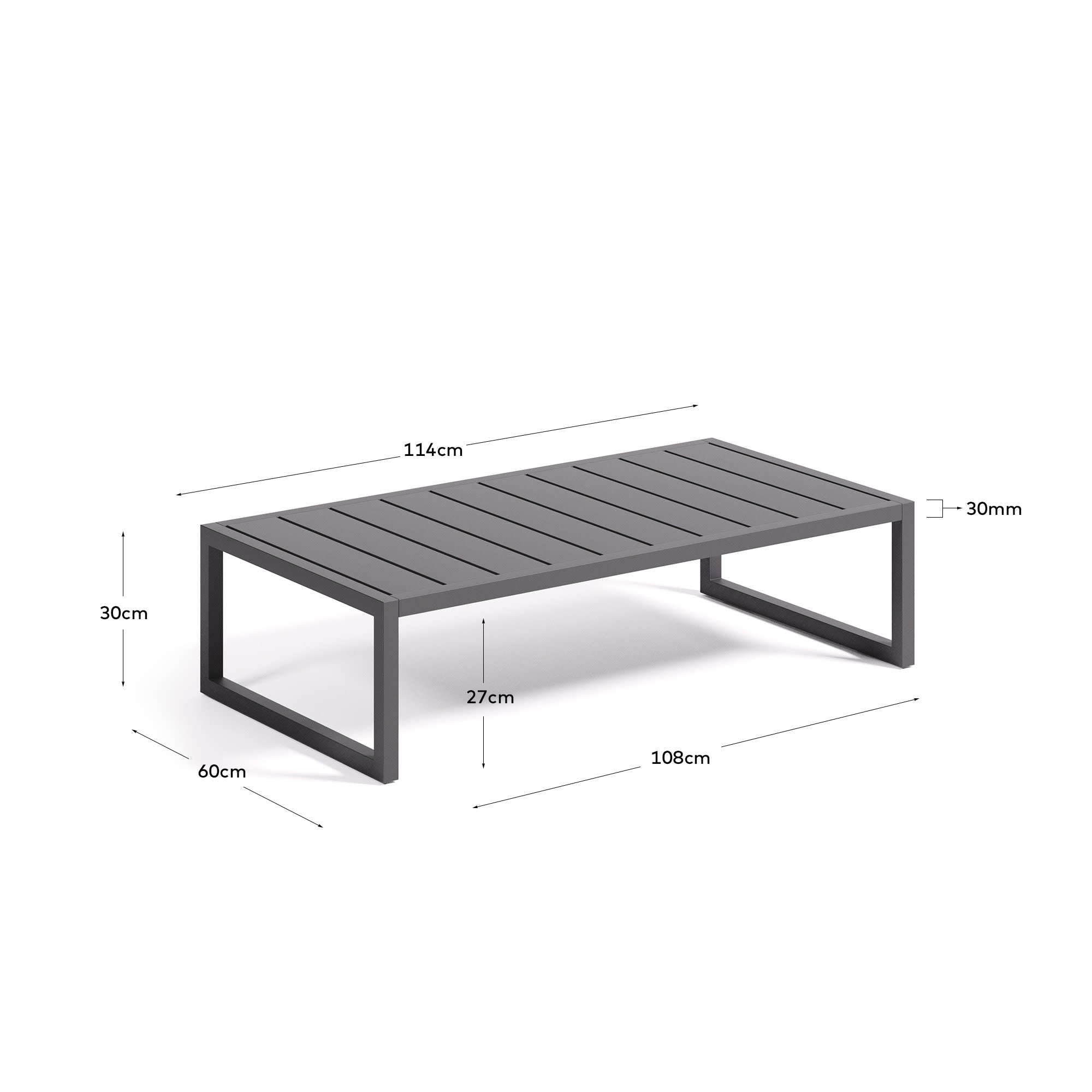 Der Couchtisch Comova von Kave Home vereint modernes Design mit Funktionalität. Aus robustem, wetterfestem Aluminium in elegantem Schwarz gefertigt, bietet er mit 60 x 114 cm ausreichend Platz für stilvolle Präsentationen im Freien.