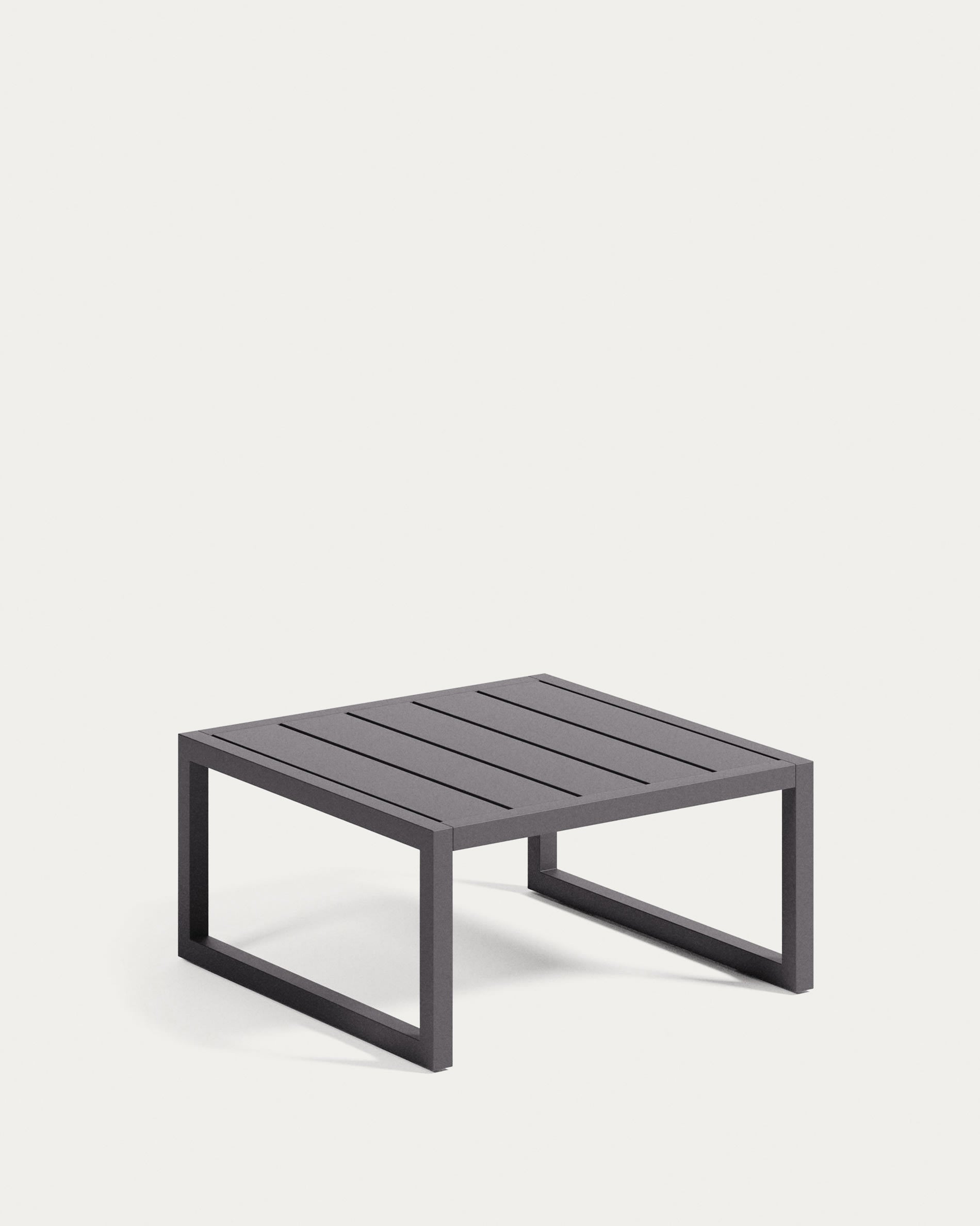3D-Modell eines eleganten, wetterfesten Beistelltischs aus schwarzem Aluminium, 60x60 cm, ideal für den Außenbereich.