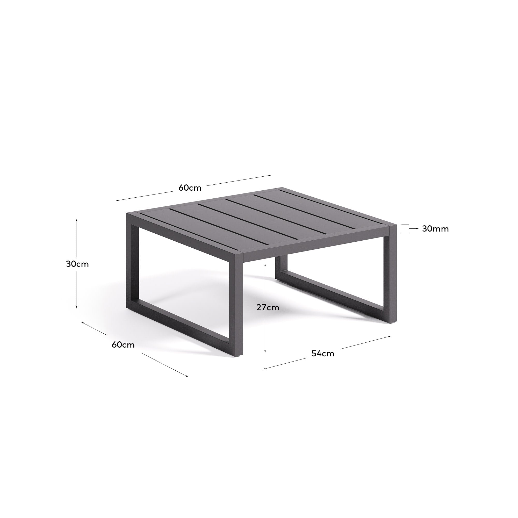 Eleganter, wetterfester Beistelltisch aus schwarzem Aluminium, ideal für Terrasse oder Garten, 60x60 cm, pflegeleicht und langlebig.