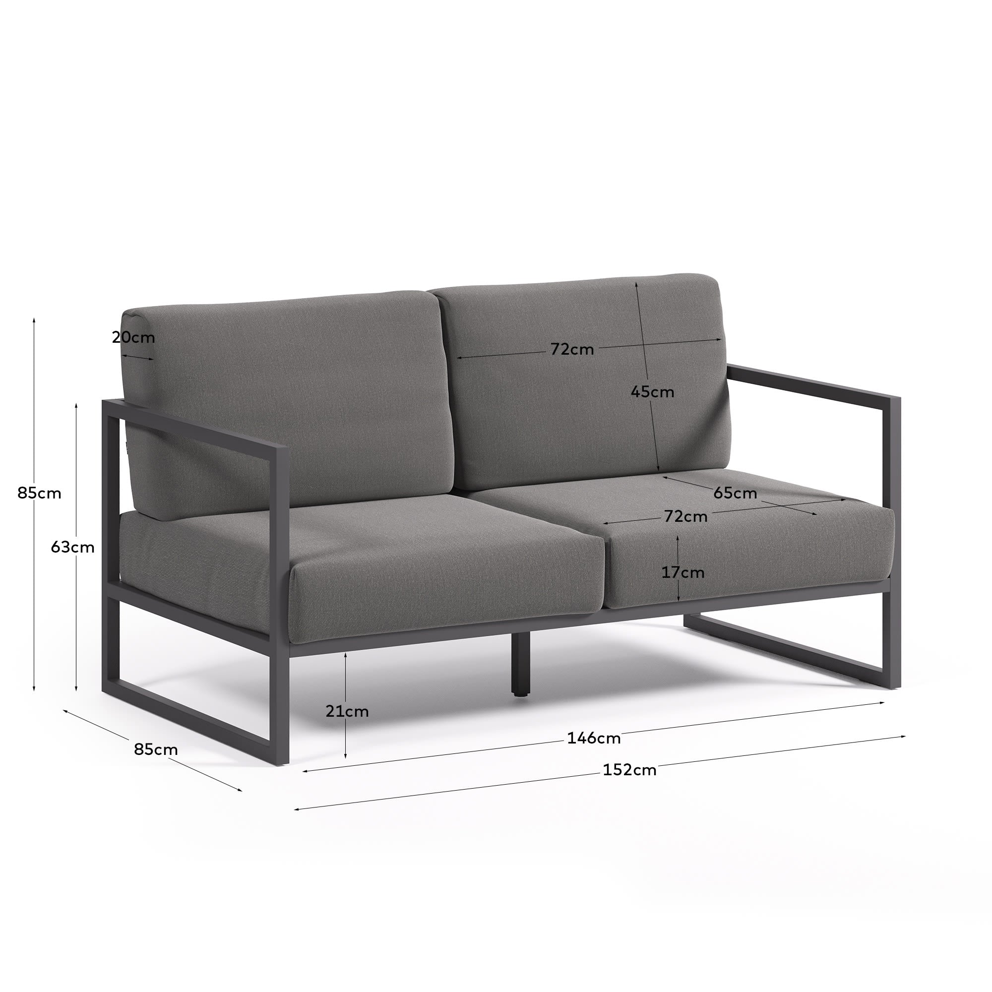 Das Comova Sofa von Kave Home ist ein elegantes Outdoor-Möbelstück, 150 cm breit, mit dunkelgrauem Stoff und schwarzem Aluminium.