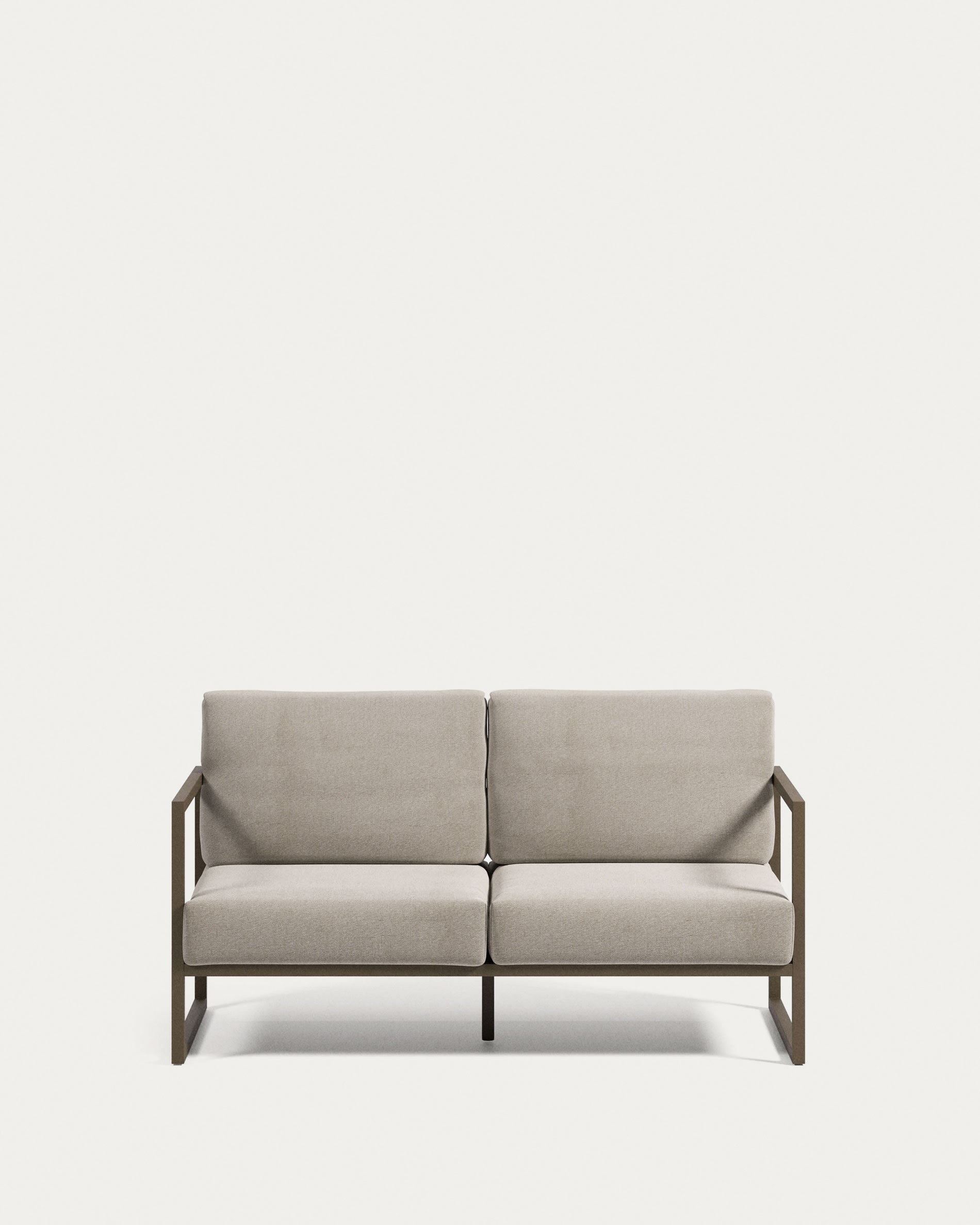 Elegantes 2-Sitzer Sofa für draußen, mit grünem Aluminiumrahmen und wetterfesten, hellgrauen Polstern.