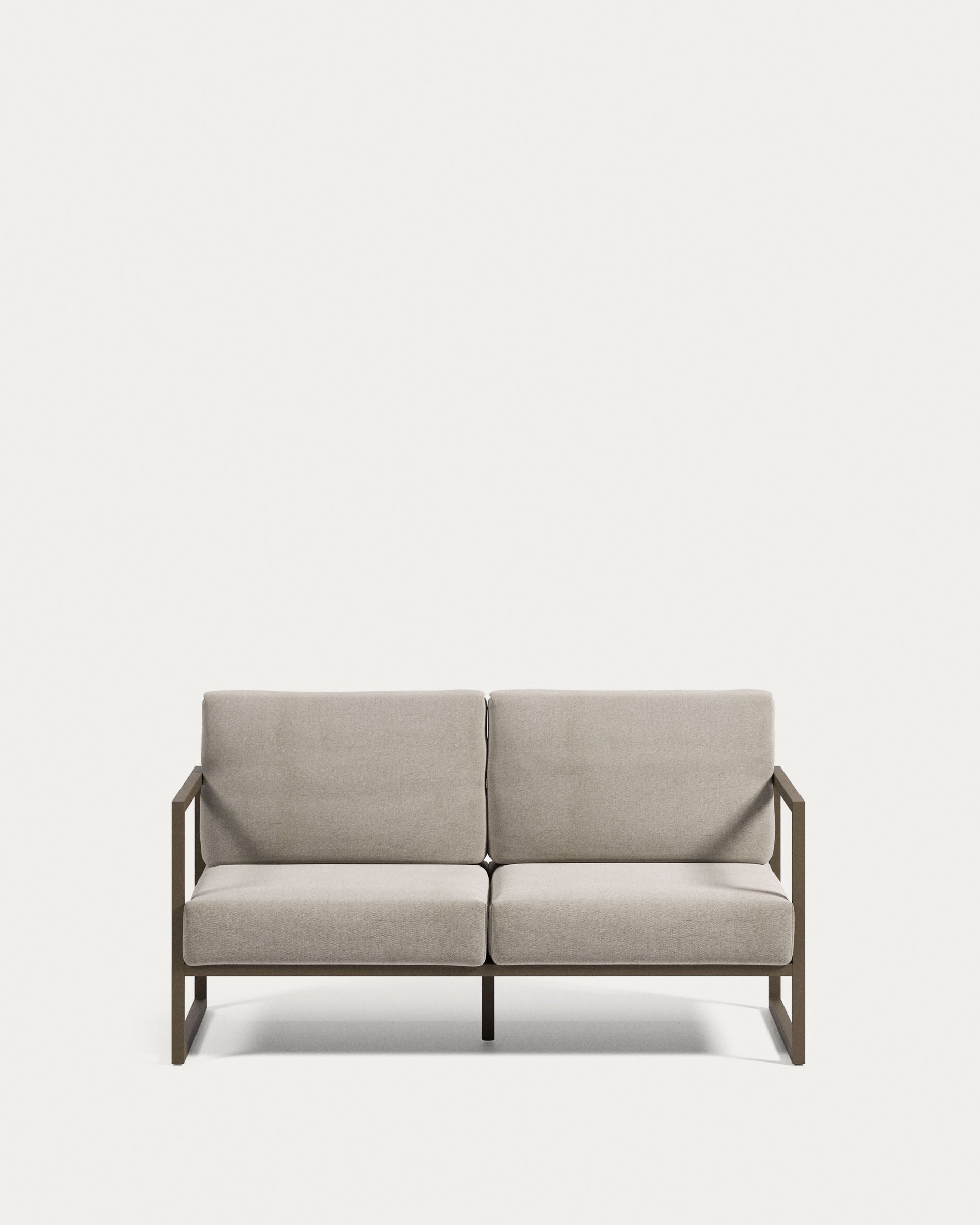 Elegantes 2-Sitzer Outdoor-Sofa mit hellgrauem Stoff und grünem Aluminiumrahmen, 150 cm breit, ideal für Garten oder Terrasse.