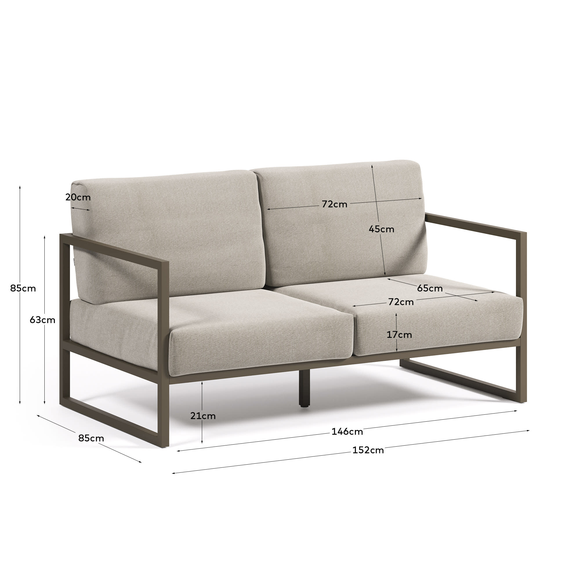 Elegantes 2-Sitzer Sofa für draußen, mit grünem Aluminiumrahmen und wetterfesten, hellgrauen Polstern.