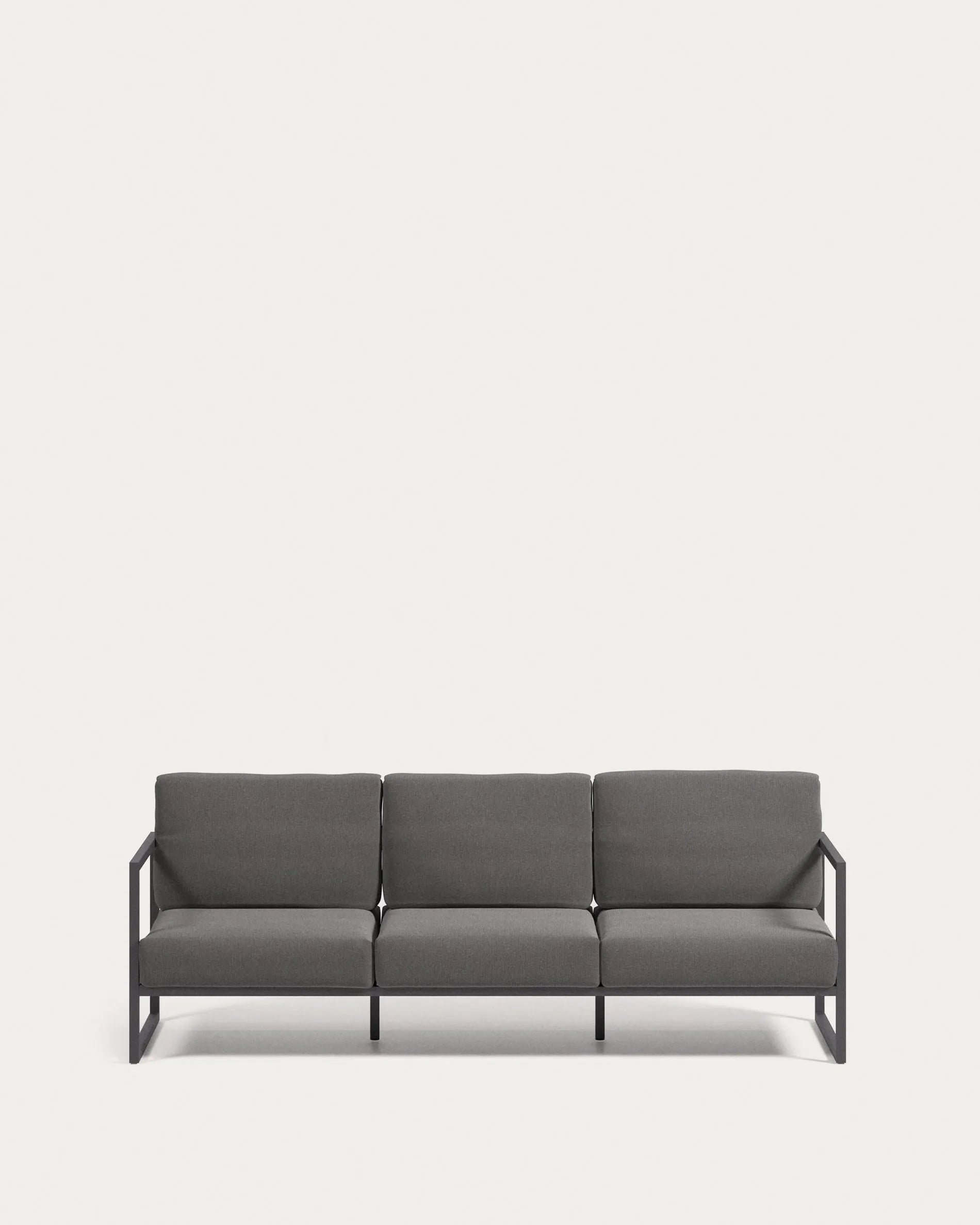 Elegantes 3-Sitzer-Sofa für draußen, aus schwarzem Aluminium und wasserabweisendem Crevin-Gewebe in Dunkelgrau.