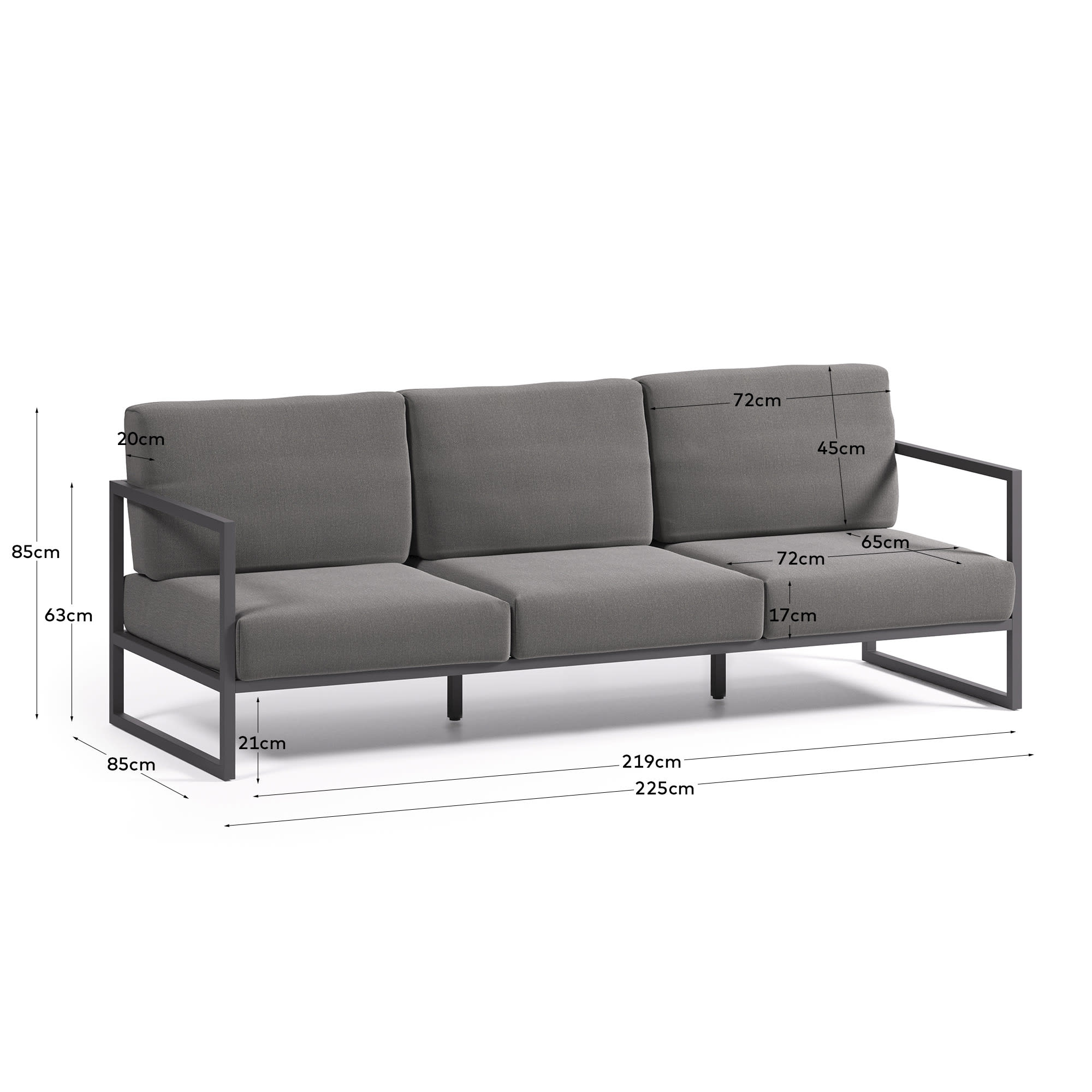 Elegantes 3-Sitzer-Sofa für draußen, aus schwarzem Aluminium und wasserabweisendem Crevin-Gewebe in Dunkelgrau.