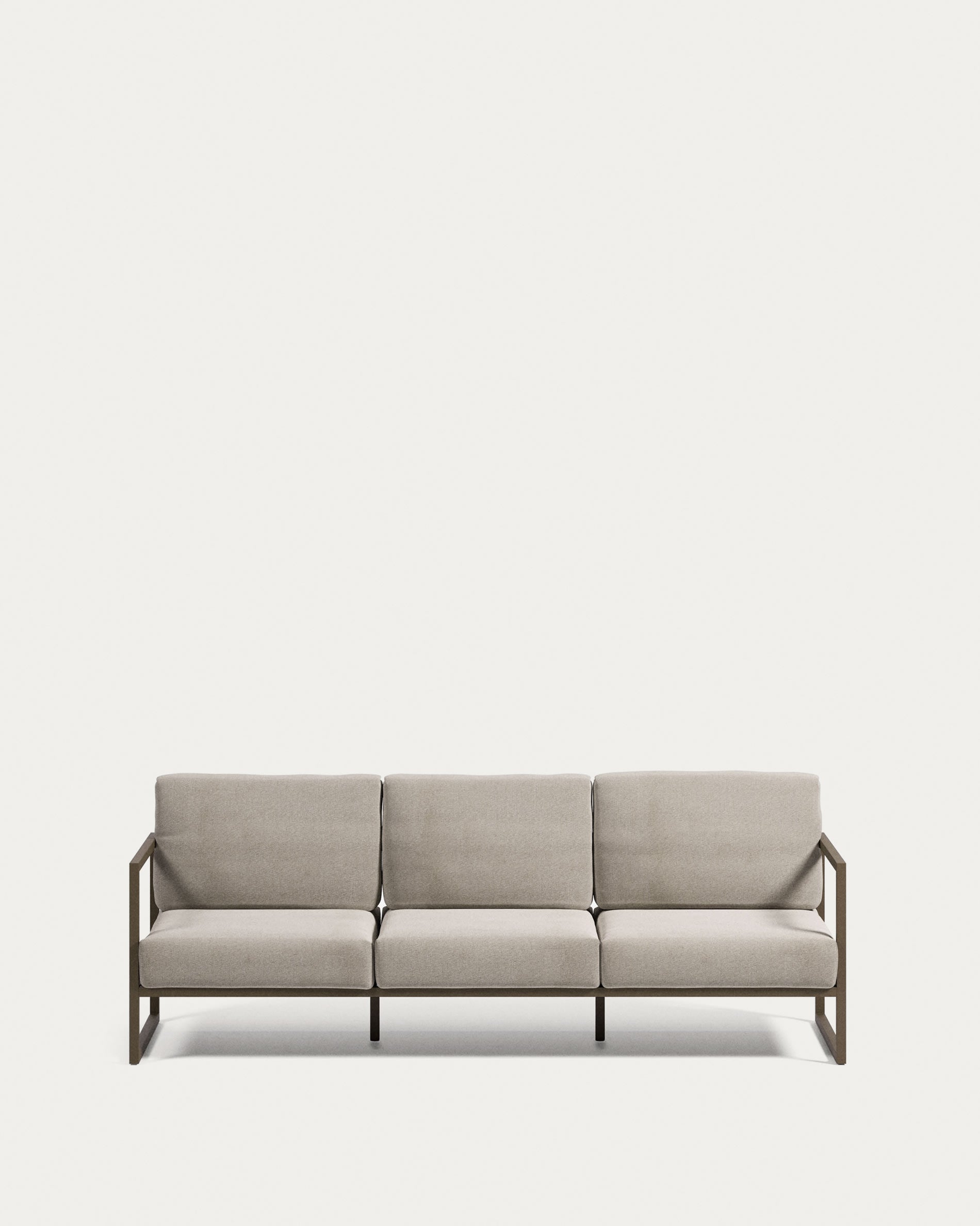 Elegantes 3-Sitzer Sofa für draußen, mit grünem Aluminiumrahmen und wetterfesten, hellgrauen Polstern.