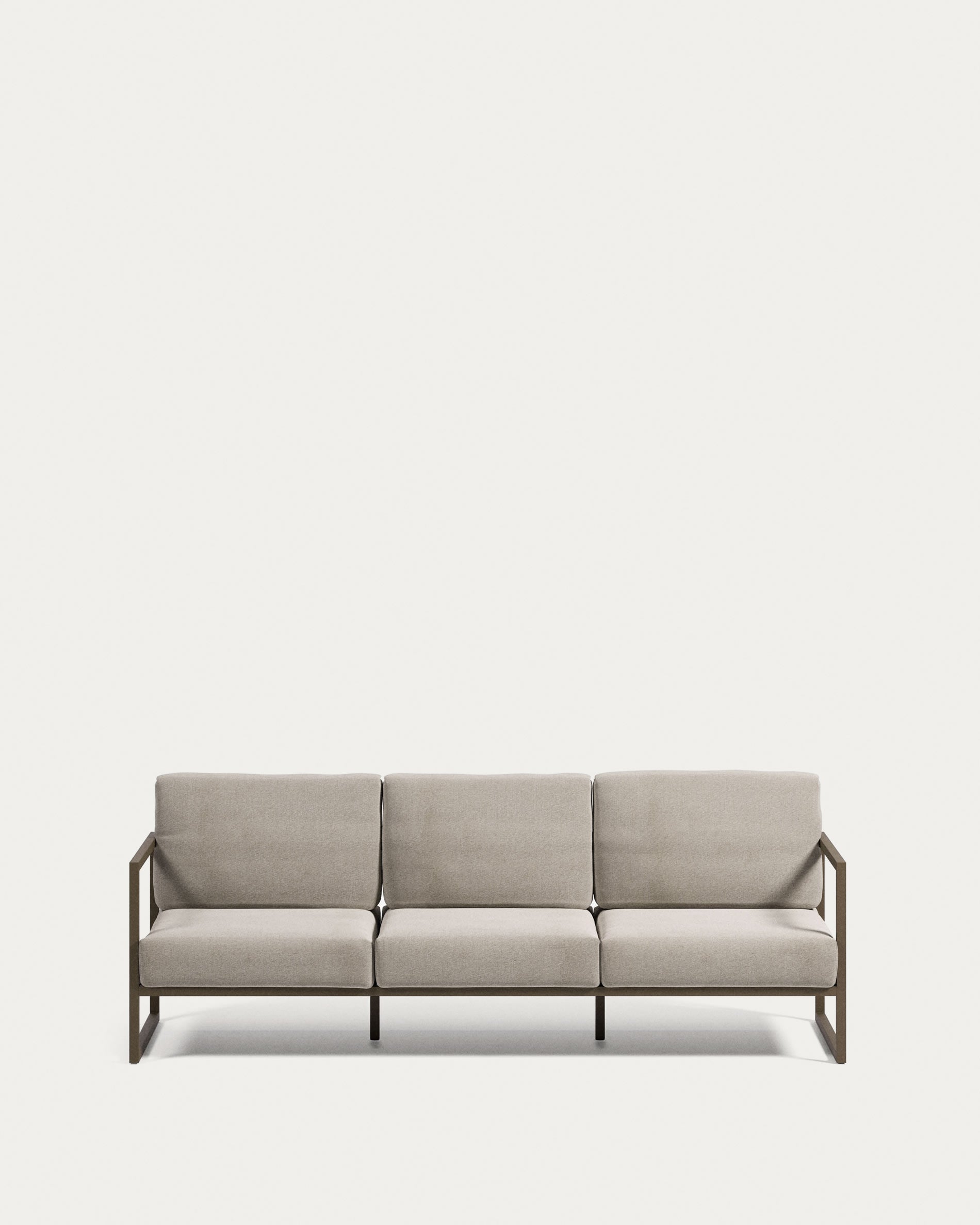 Modernes 3-Sitzer Outdoor-Sofa mit hellgrauem Stoff und grünem Aluminiumrahmen, 222 cm breit, perfekt für elegante Außenbereiche.