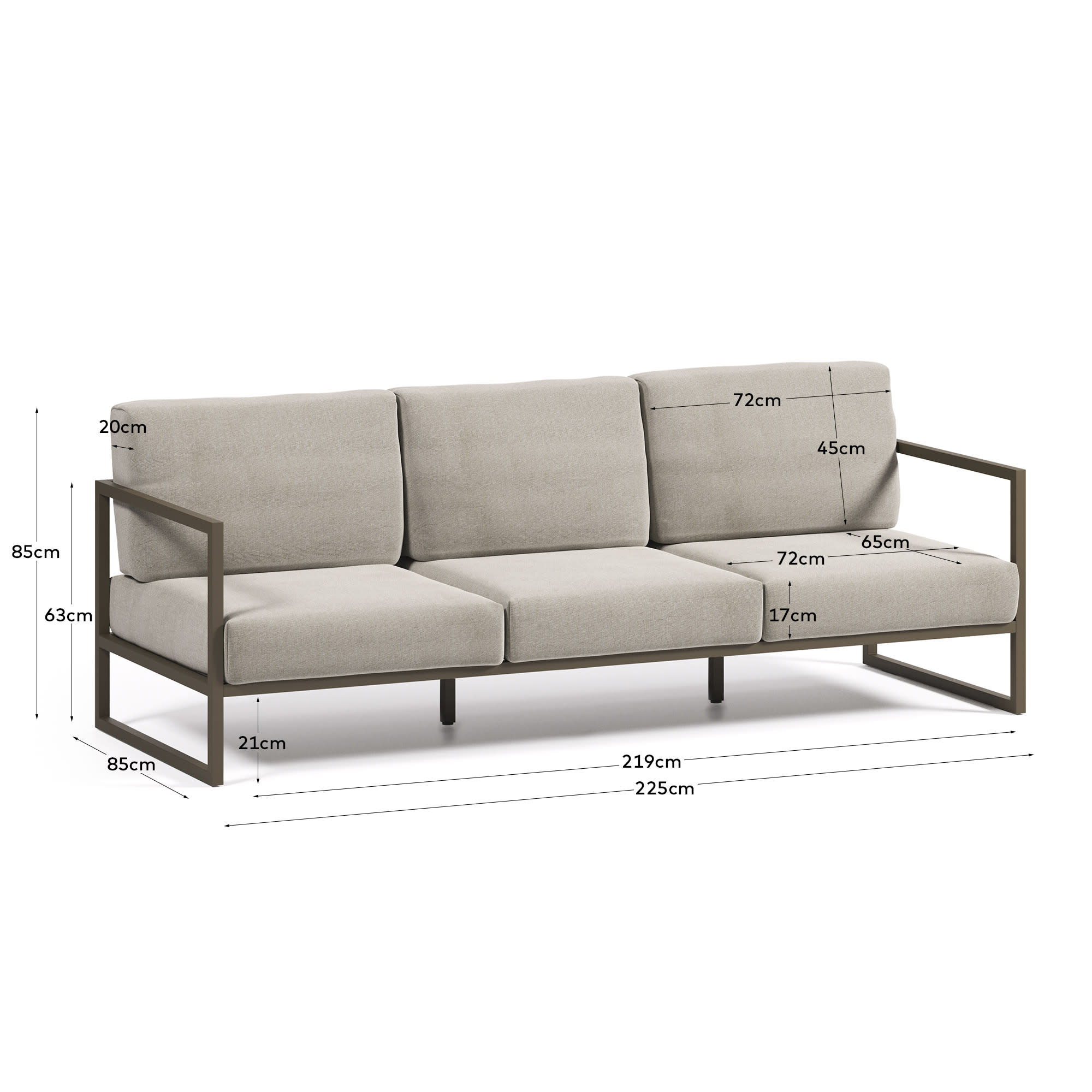 Elegantes 3-Sitzer Sofa für draußen, mit grünem Aluminiumrahmen und wetterfesten, hellgrauen Polstern.