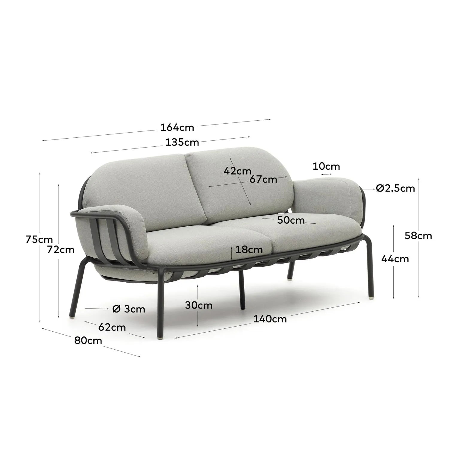 Elegantes 2-Sitzer-Gartensofa aus Aluminium in Grau, inspiriert von Flusssteinen, für stilvollen Komfort im Freien.