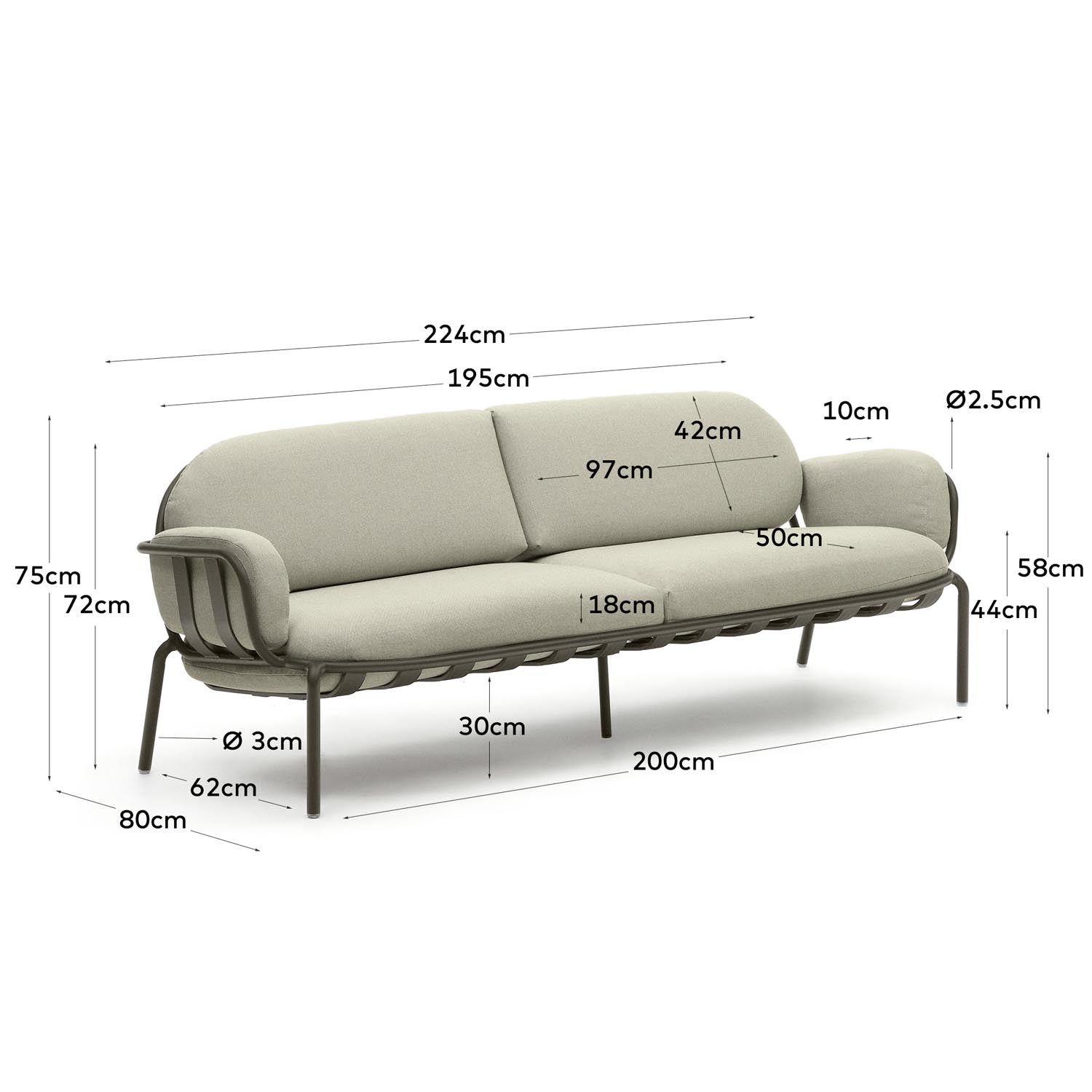 Stilvolles 3-Sitzer-Gartensofa aus grünem Aluminium, 225 cm, perfekt für zeitgemäße und gemütliche Outdoor-Bereiche.