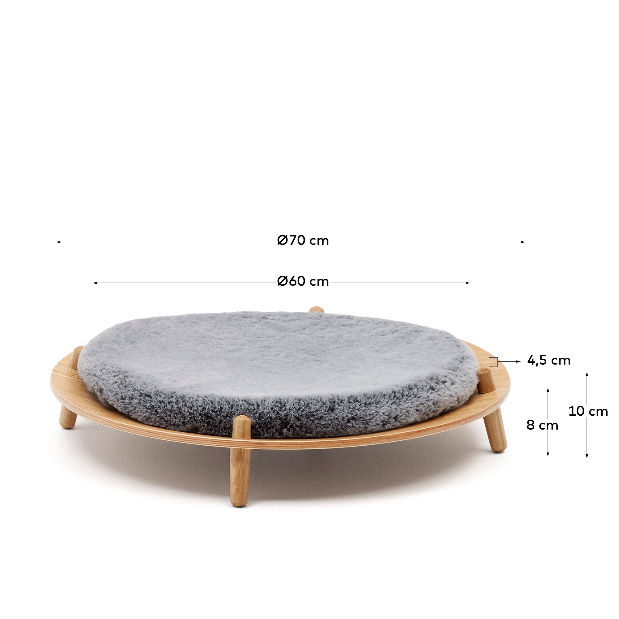 Stilvolles Haustierbett aus Eschenfurnier mit kuscheligem grauem Kissen, Ø 70 cm, ideal für Komfort und modernes Ambiente.