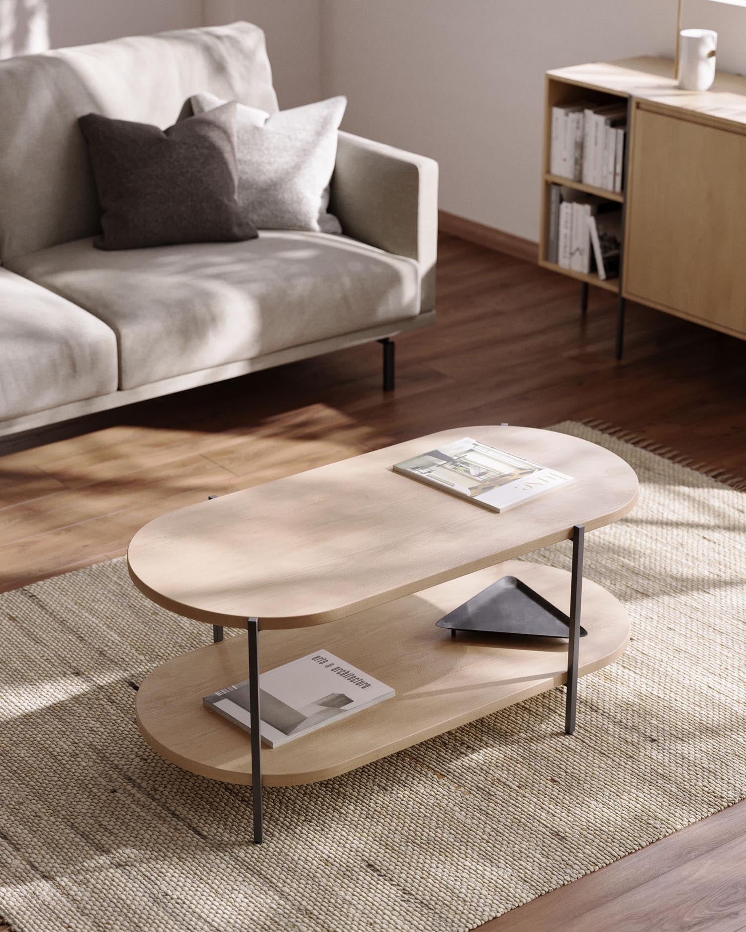 Couchtisch Palmia: 110x55 cm, Mangoholzplatte, schwarze Stahlbeine. Stilvoll, robust, ideal für modernes Wohnen.