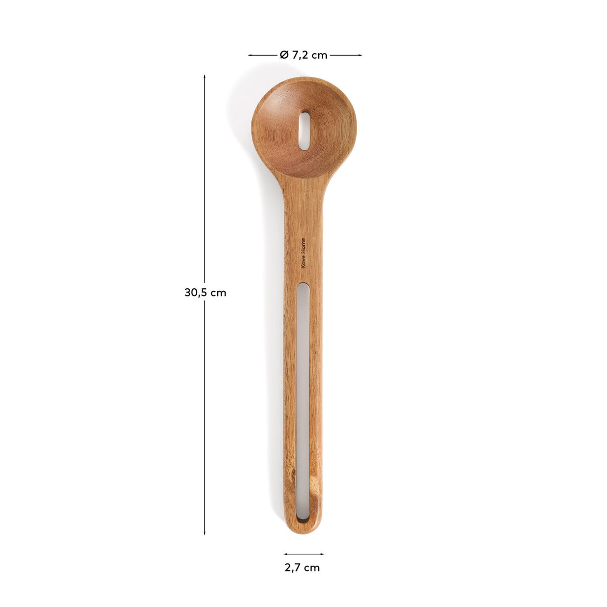 Küchenaccessoire Blera aus lackiertem Akazienholz in Naturton, längliche Form mit Loch zum Aufhängen, sichtbare natürliche Holzmaserung.