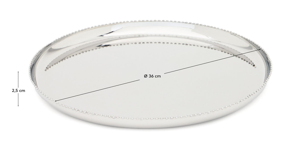 Rundes Tablett aus rostfreiem Edelstahl in Silber, Ø 36 cm, mit flachem Rand, Teil der Kollektion Nirela von Kave Home.