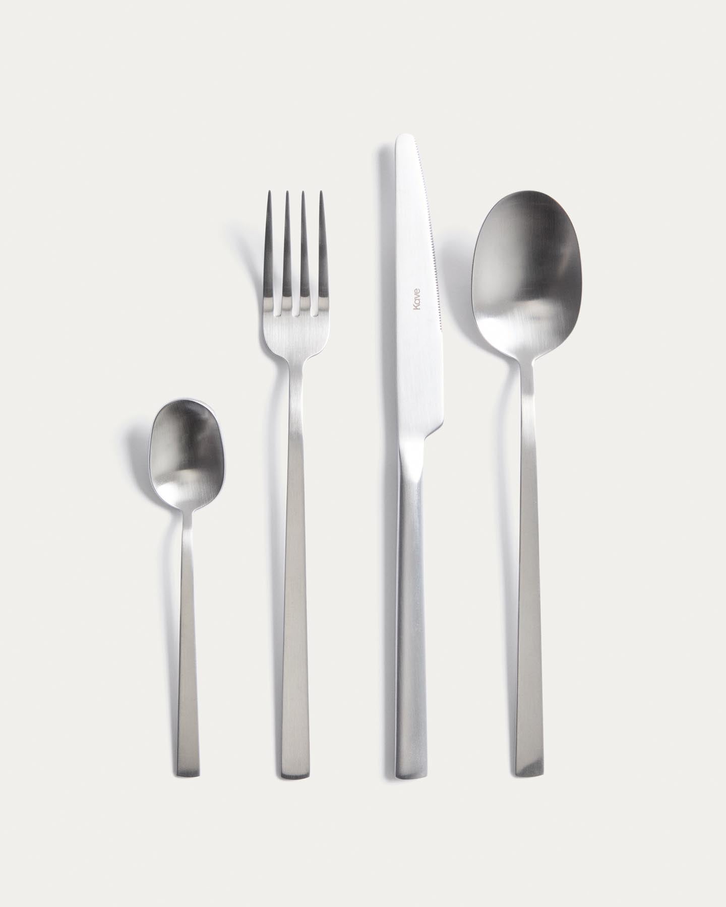 16-teiliges Edelstahl-Besteckset Dilora mit mattem Finish in Silber präsentiert im Onlineshop von KAQTU Design AG. Besteckset ist von Kave Home