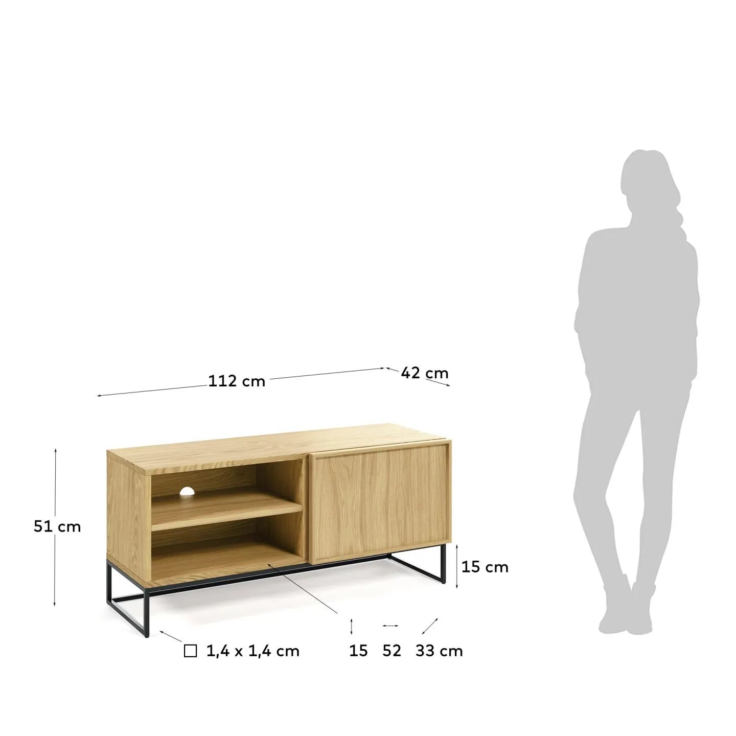 Eleganter TV-Schrank von Kave Home: Eichenfurnier, schwarzes Stahlgestell, 1 Tür, Maße 112x51 cm. Modernes Design und praktische Nutzung.