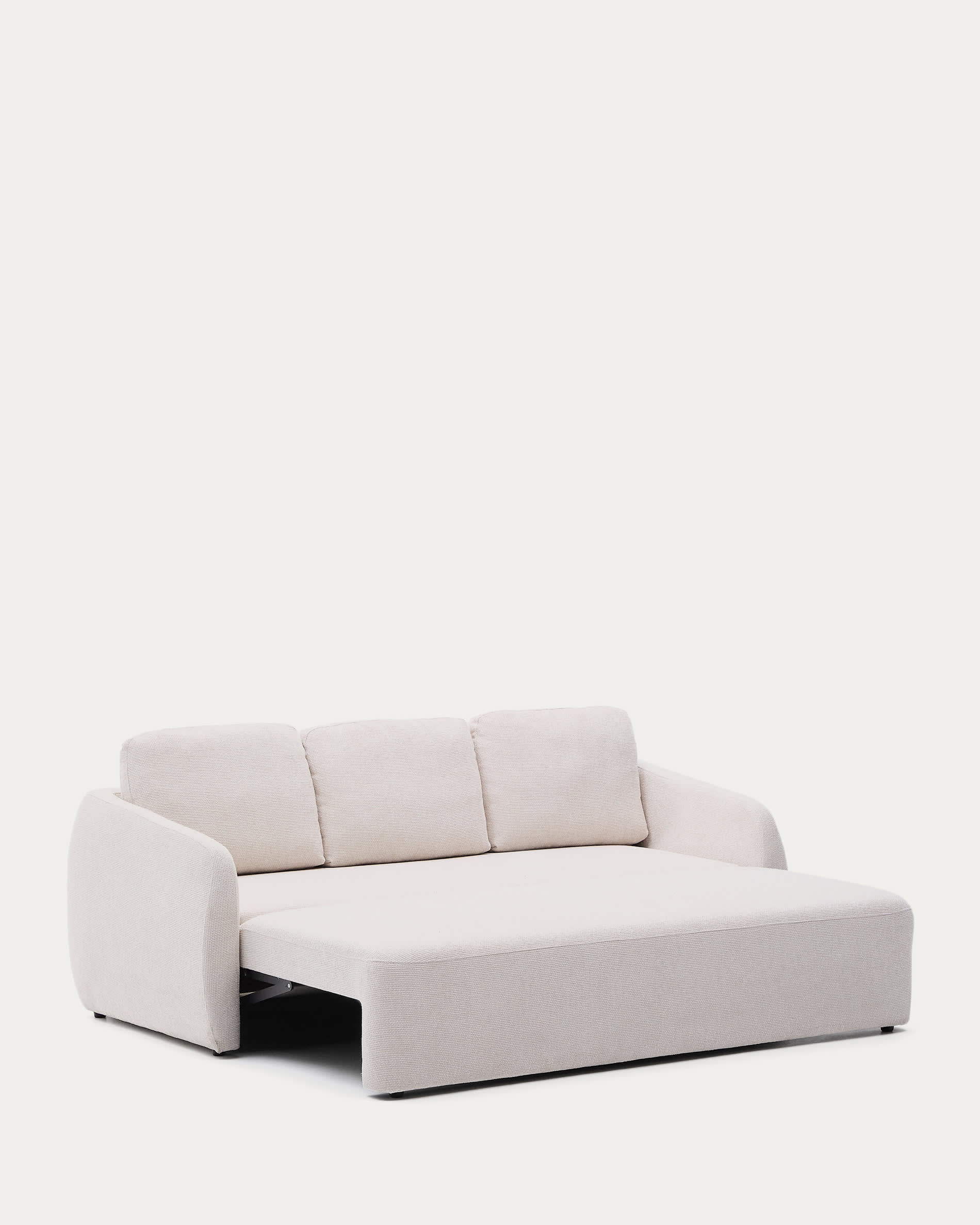 Elegantes 3-Sitzer Schlafsofa in Chenille ecru, wandelbar und nachhaltig, mit innovativem Öffnungssystem.