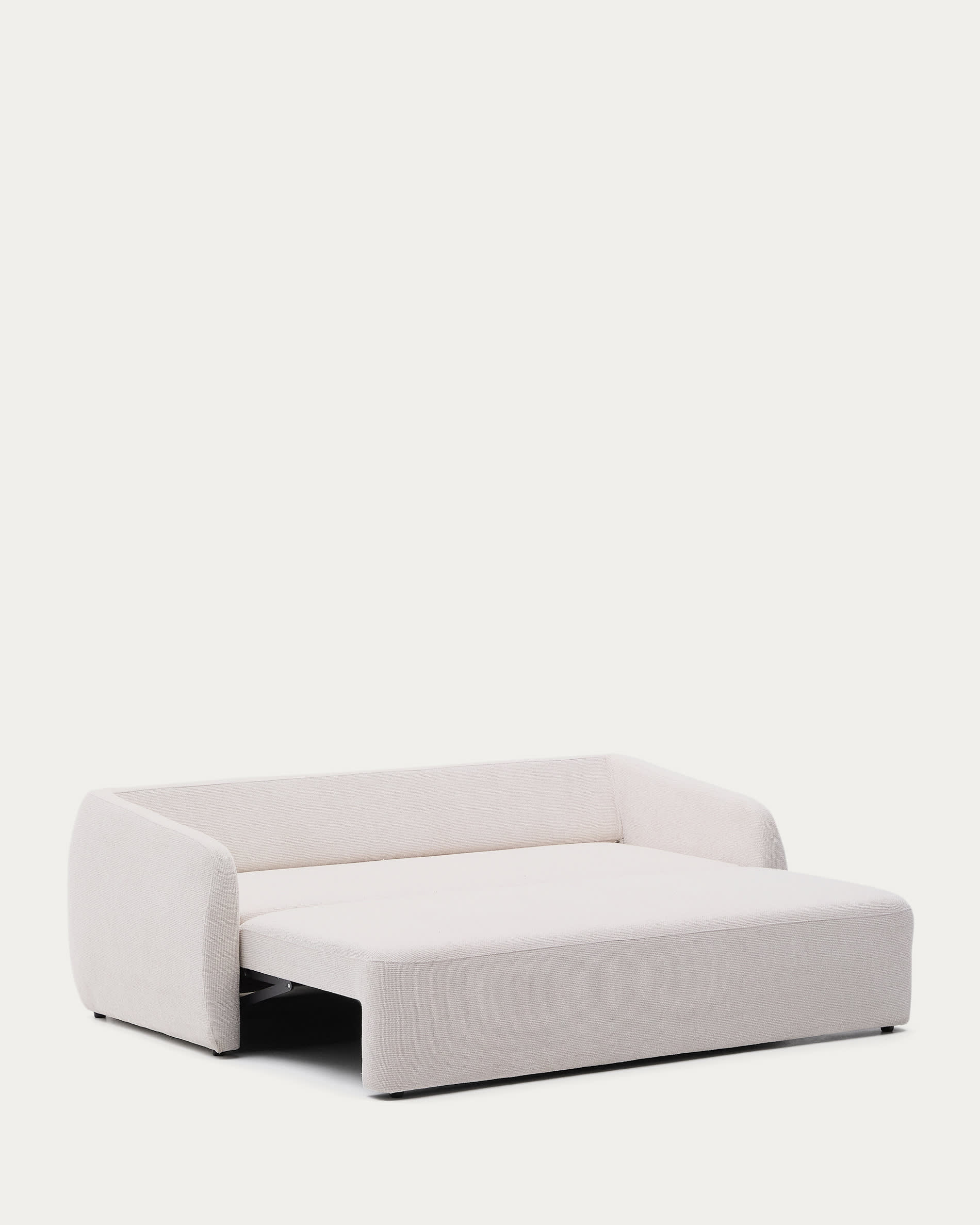 Elegantes 3-Sitzer Schlafsofa in Chenille ecru, wandelbar und nachhaltig, mit innovativem Öffnungssystem.