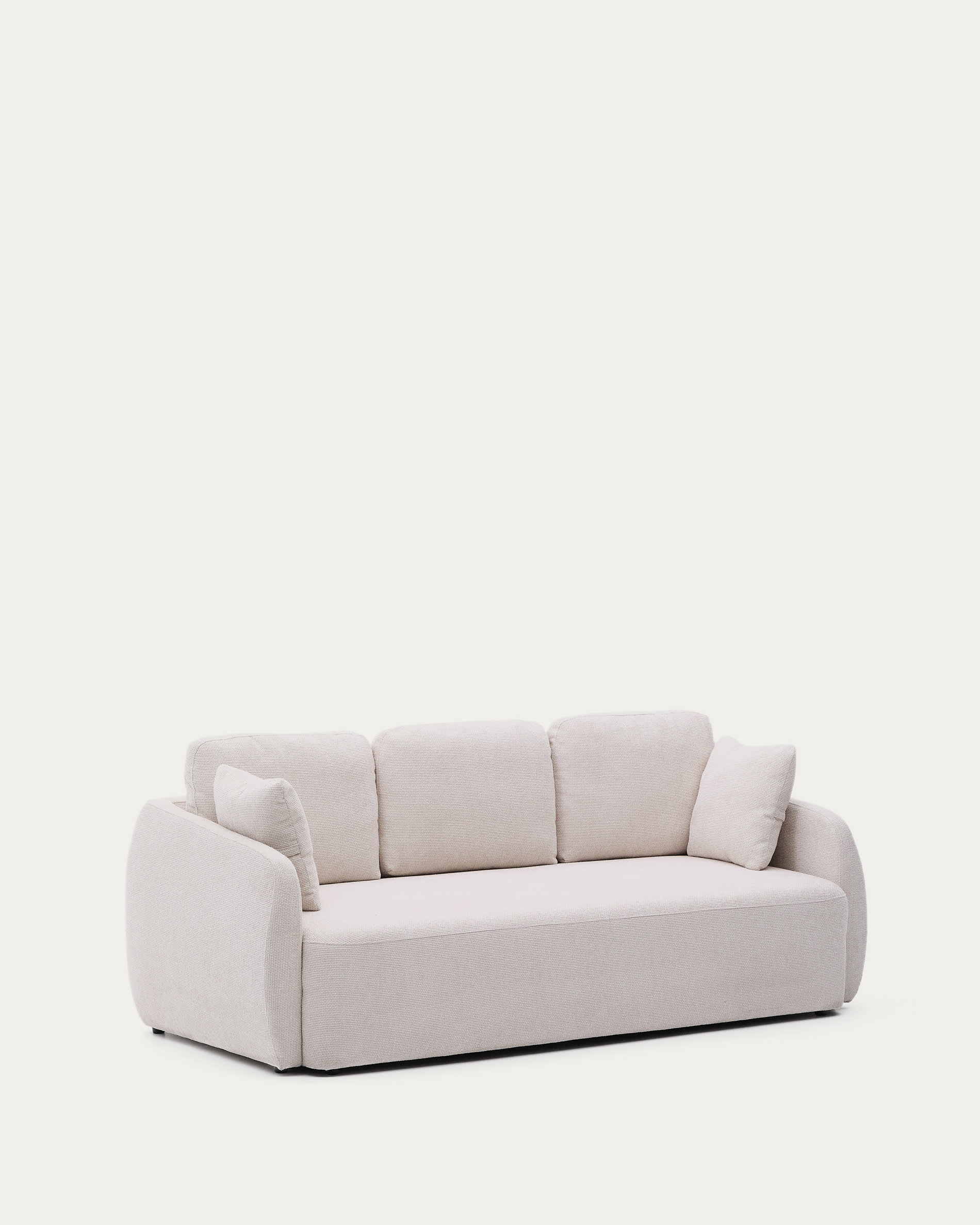 Elegantes 3-Sitzer Schlafsofa in Chenille ecru, wandelbar und nachhaltig, mit innovativem Öffnungssystem.