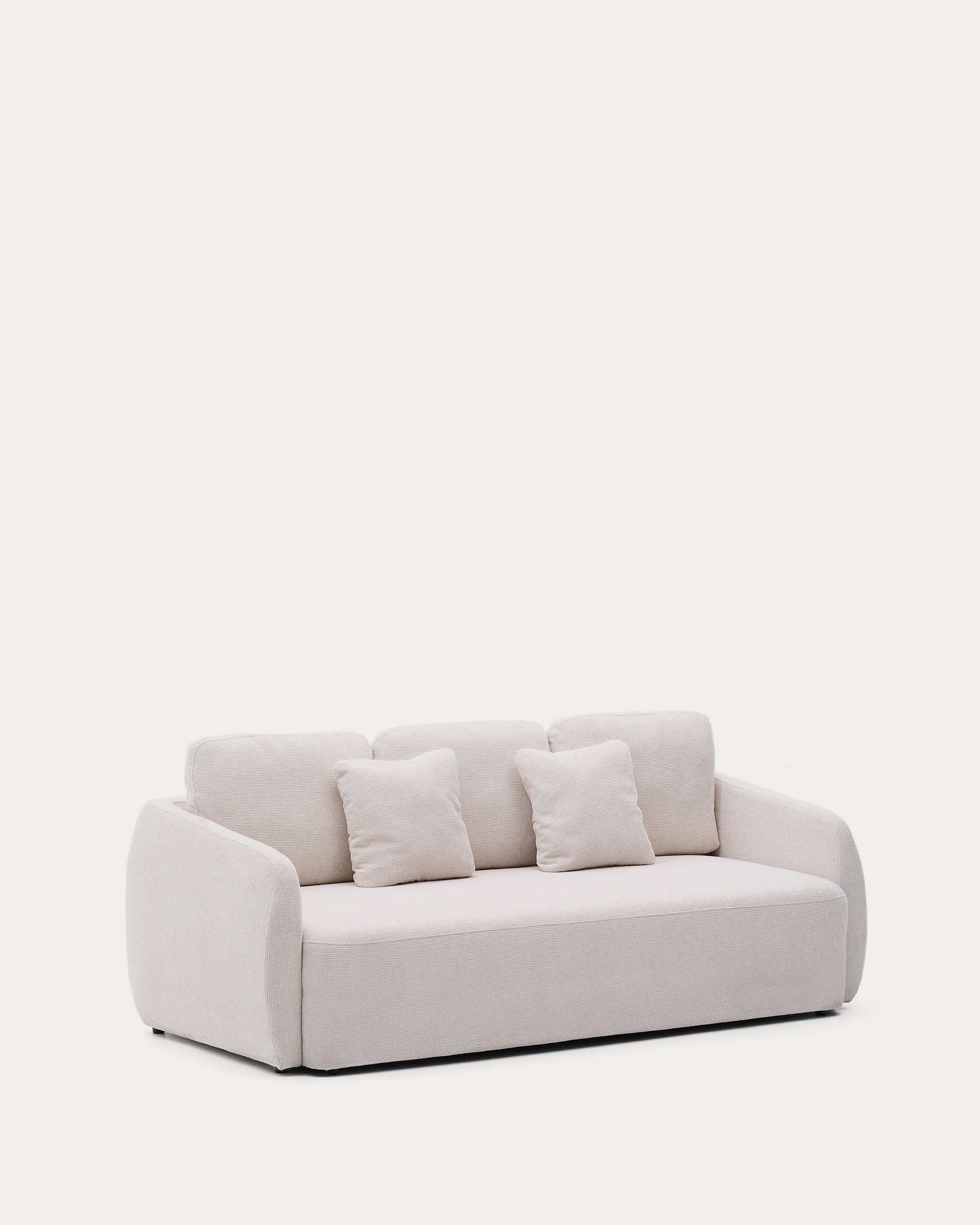 Elegantes 3-Sitzer Schlafsofa in Chenille ecru, wandelbar und nachhaltig, mit innovativem Öffnungssystem.