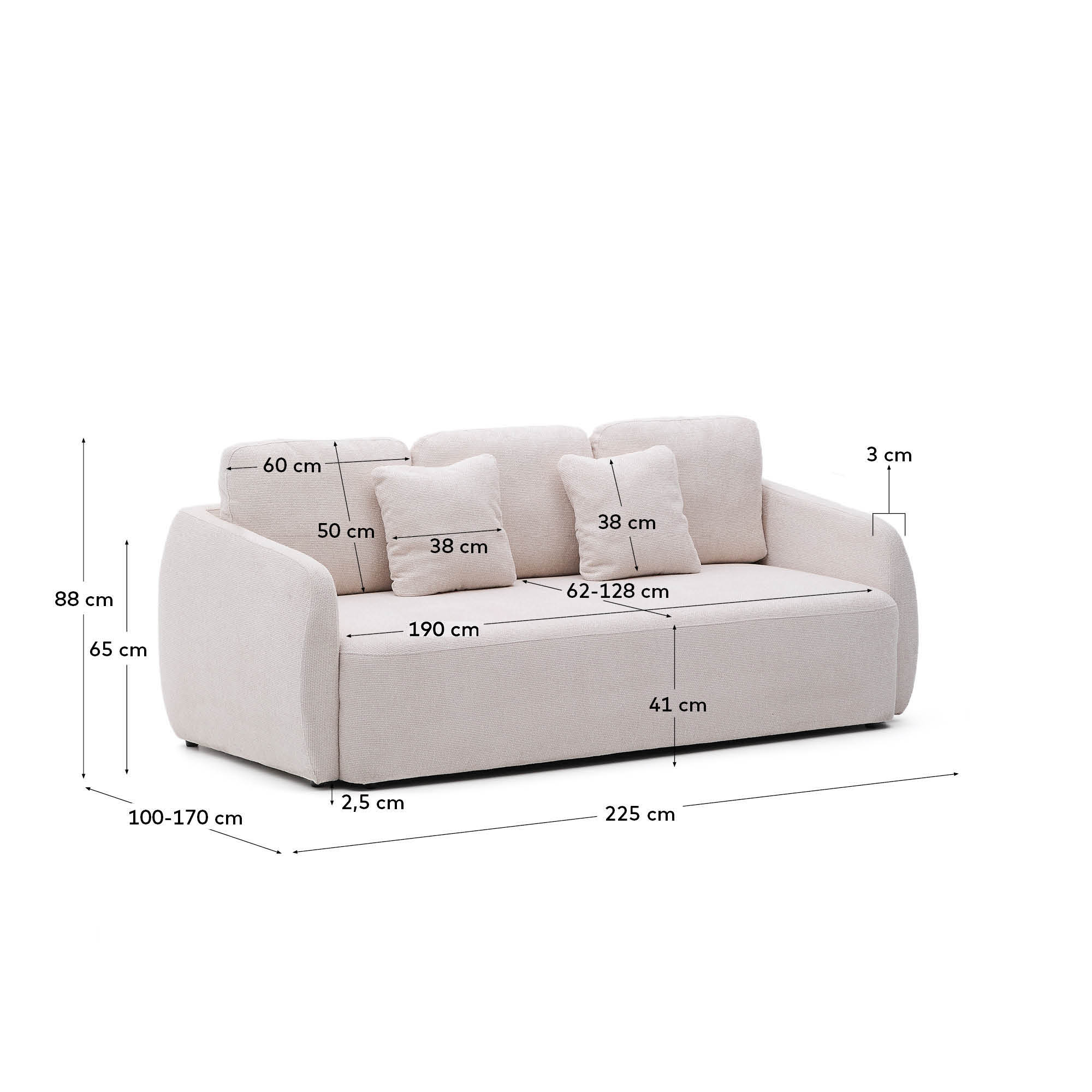 Elegantes 3-Sitzer-Bettsofa Laira in ecrufarbenem Chenille, 225 cm, vereint Komfort und Nachhaltigkeit für stilvolle Wohnräume.