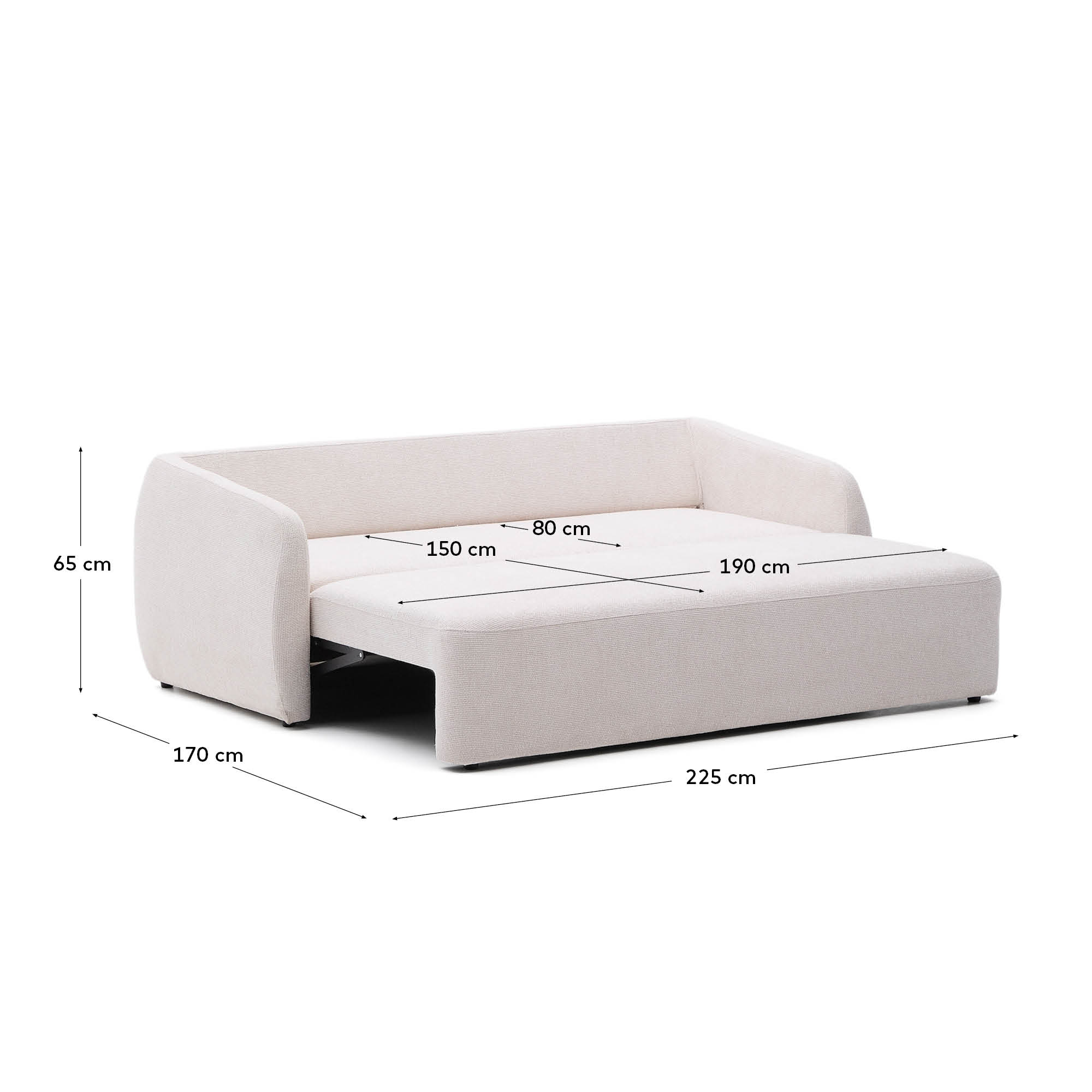 Elegantes 3-Sitzer Schlafsofa in Chenille ecru, wandelbar und nachhaltig, mit innovativem Öffnungssystem.