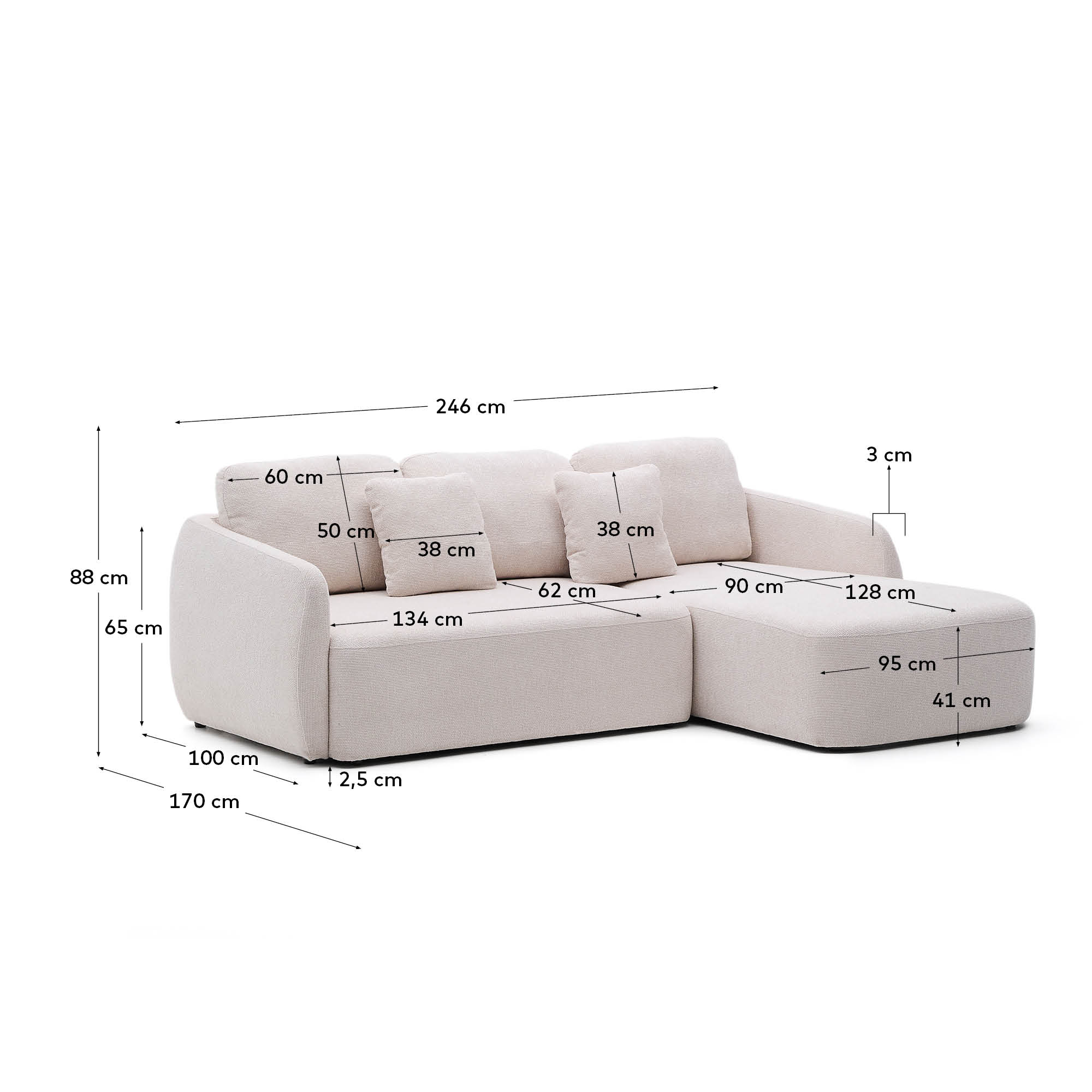 Stilvolles Schlafsofa Laira, 3-Sitzer, in ecru Chenille, mit rechter Chaiselongue, 246 cm, nachhaltig und FSC-zertifiziert.