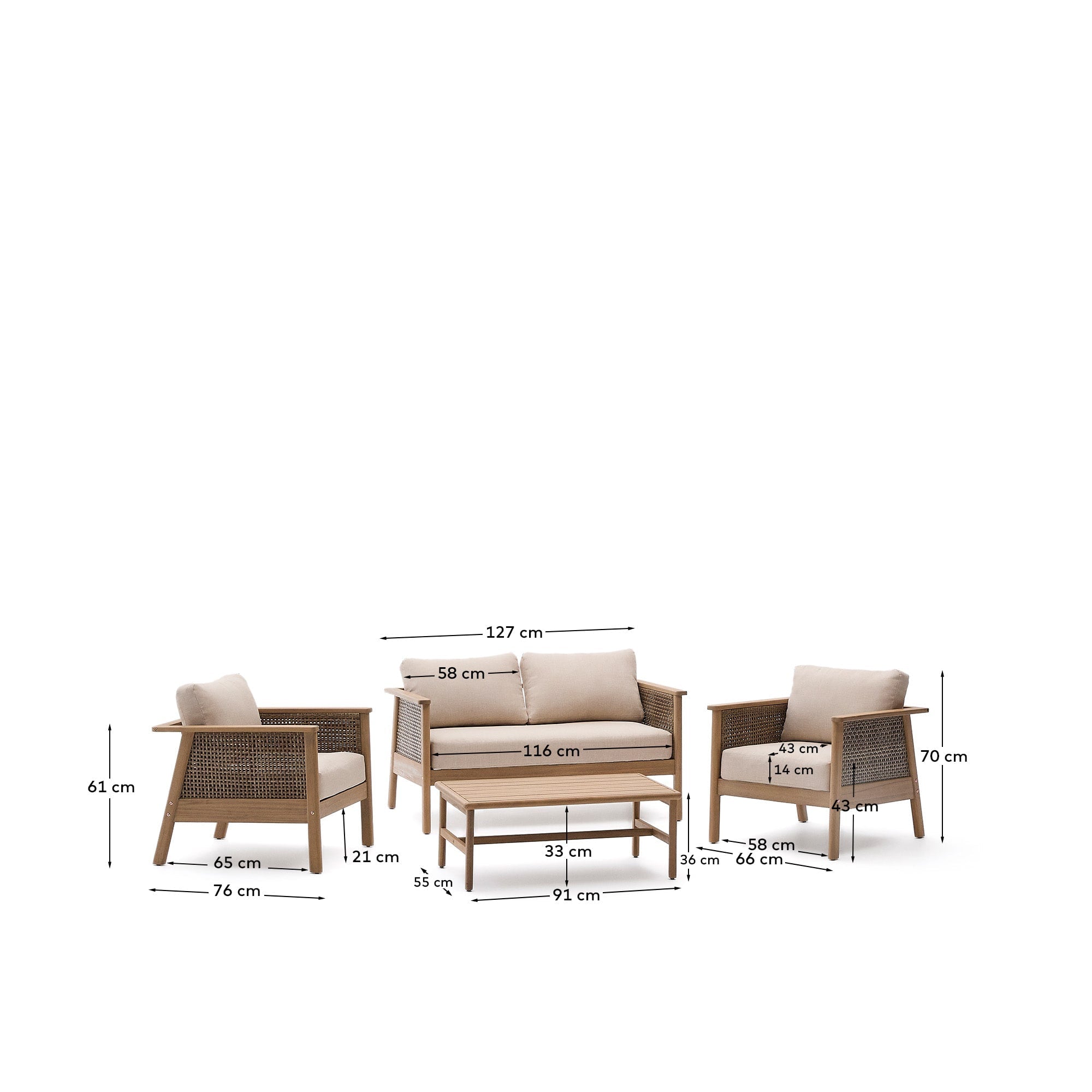 Stilvolles Set Alabe: 2-Sitzer-Sofa, 2 Sessel, Couchtisch aus FSC-Akazienholz. Perfekt für nachhaltiges und modernes Wohnen.