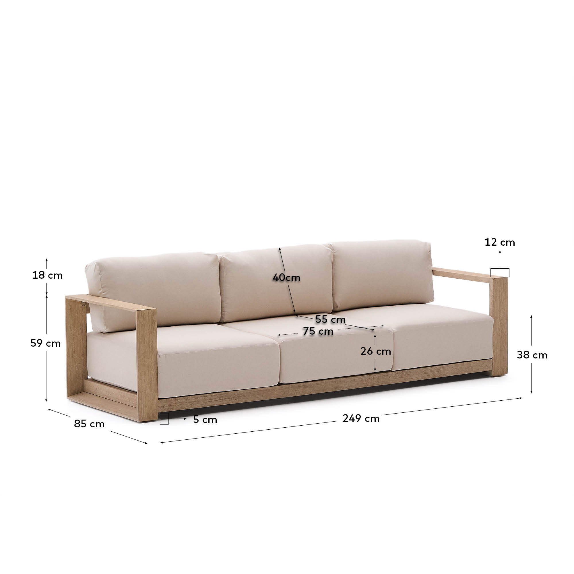 Elegantes 3-Sitzer-Sofa aus Akazienholz, 249 cm breit, mit klarem Finish für stilvolles Wohnen drinnen und draußen.